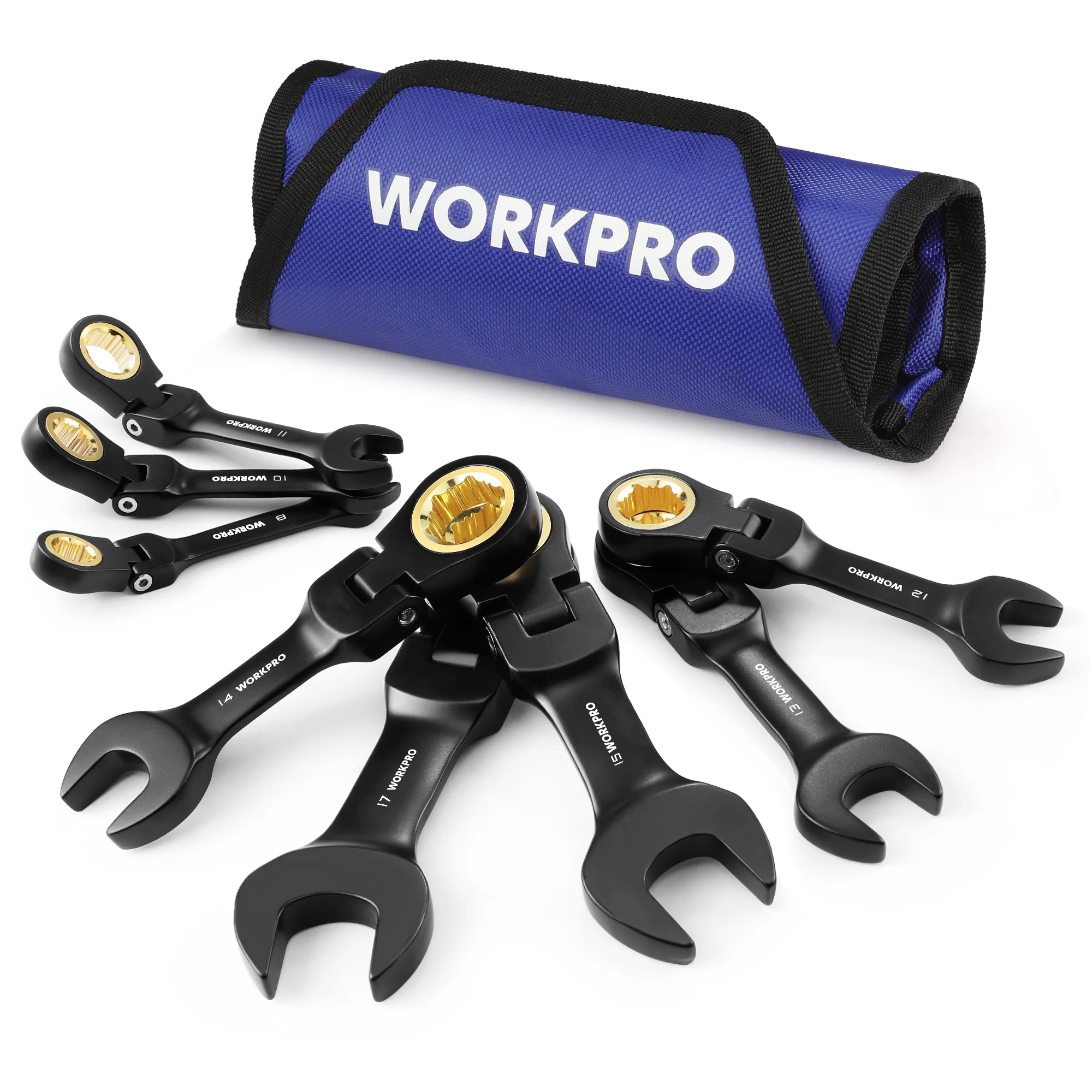WORKPRO 8-Piece Flex-Head Stubby Anti-slip Ratcheting Wrench Set with Rolling Pouch - Image 9