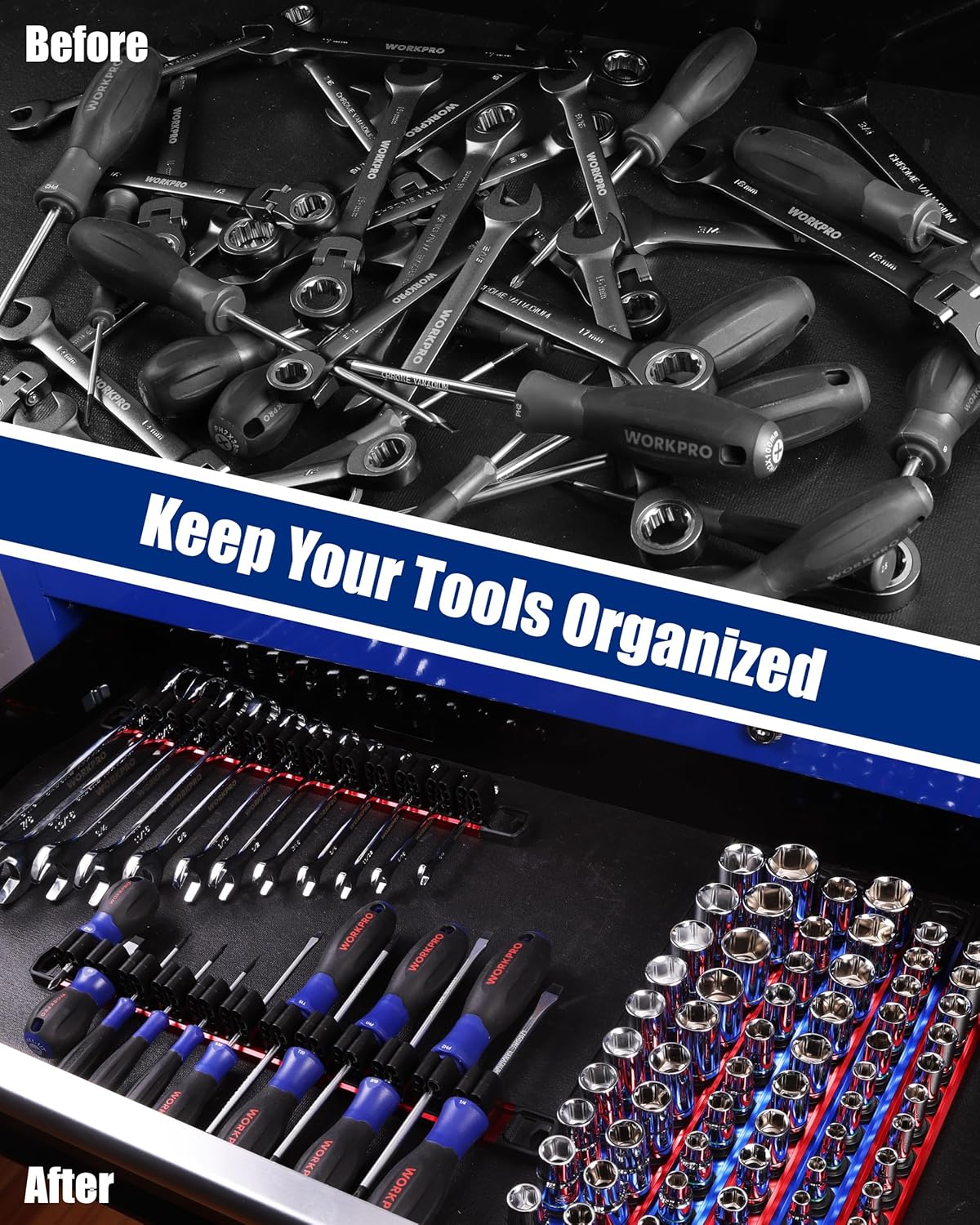 WORKPRO 8-Piece Magnetic Socket Organizer and Magnetic Screwdriver Organizer Set, 6-Piece 1/4", 3/8" & 1/2" Drive Metric & SAE Socket Rail, 2-Piece Screwdriver and Wrench Holder(Sockets not Included) - Image 3