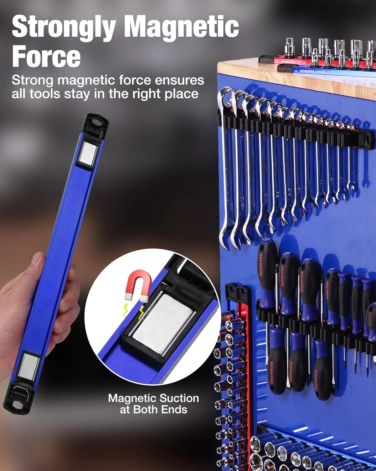 WORKPRO 8-Piece Magnetic Socket Organizer and Magnetic Screwdriver Organizer Set, 6-Piece 1/4", 3/8" & 1/2" Drive Metric & SAE Socket Rail, 2-Piece Screwdriver and Wrench Holder(Sockets not Included) - Image 4