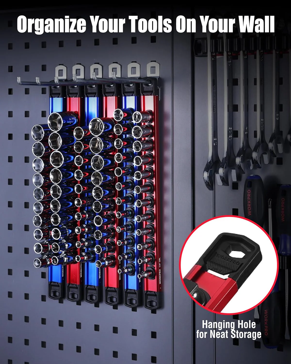 WORKPRO 8-Piece Magnetic Socket Organizer and Magnetic Screwdriver Organizer Set, 6-Piece 1/4", 3/8" & 1/2" Drive Metric & SAE Socket Rail, 2-Piece Screwdriver and Wrench Holder(Sockets not Included) - Image 8