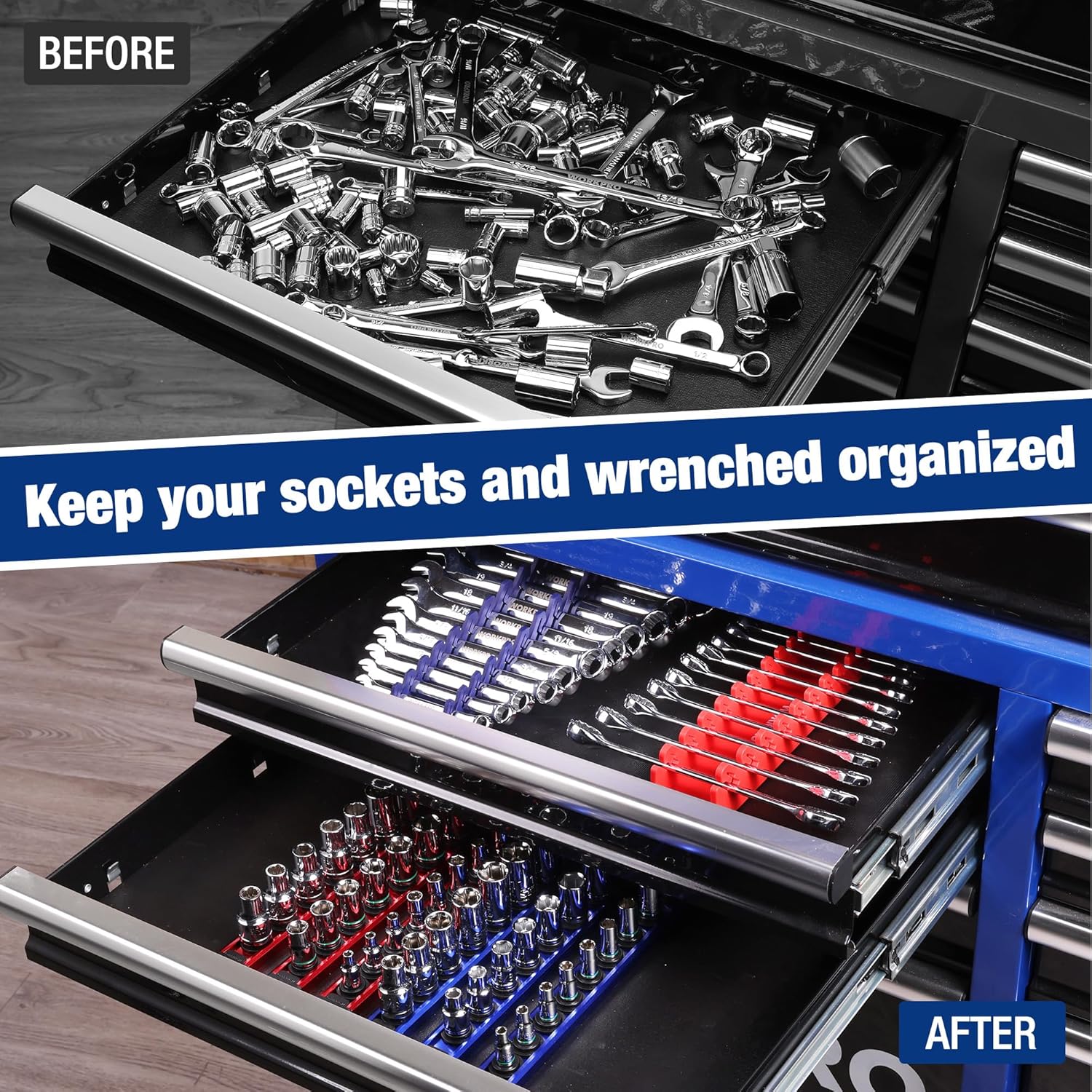 WORKPRO 8-Piece Magnetic Socket Organizer and Magnetic Wrench Organizer Set, 1/4", 3/8", 1/2" Drive Metric SAE Aluminum Alloy Socket Rail, Metric SAE Wrench Holder(Socket, Wrench not Included) - Image 2