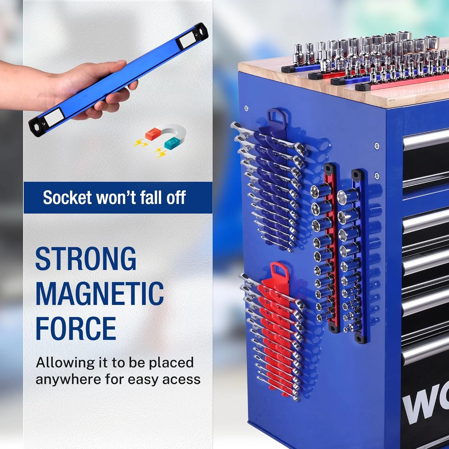 WORKPRO 8-Piece Magnetic Socket Organizer and Magnetic Wrench Organizer Set, 1/4", 3/8", 1/2" Drive Metric SAE Aluminum Alloy Socket Rail, Metric SAE Wrench Holder(Socket, Wrench not Included) - Image 3