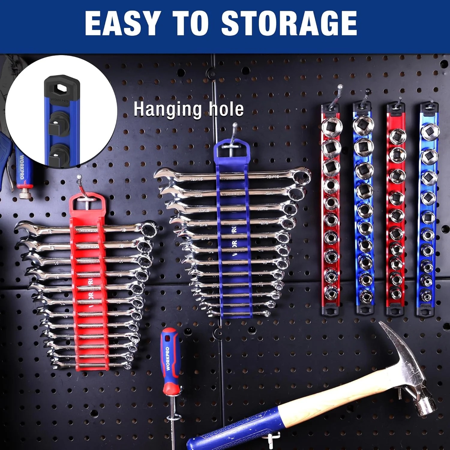 WORKPRO 8-Piece Magnetic Socket Organizer and Magnetic Wrench Organizer Set, 1/4", 3/8", 1/2" Drive Metric SAE Aluminum Alloy Socket Rail, Metric SAE Wrench Holder(Socket, Wrench not Included) - Image 8