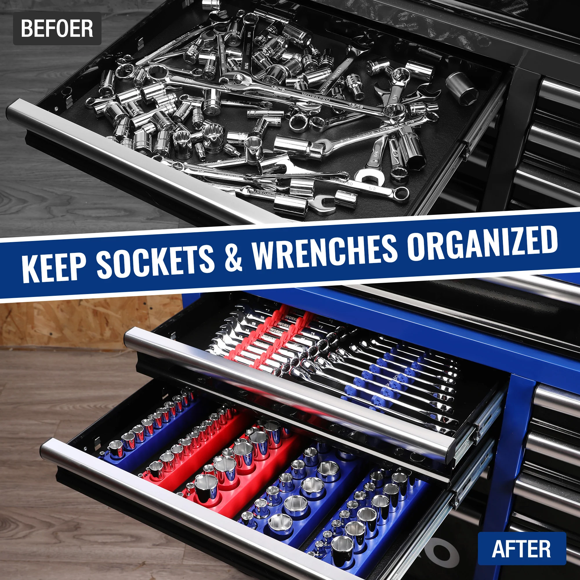 WORKPRO 8-Piece Magnetic Socket Organizer and Metric SAE Wrench Organizer Set, 1/4", 3/8", 1/2" Drive Metric SAE Socket Storage(Socket, Wrench not Included) - Image 2