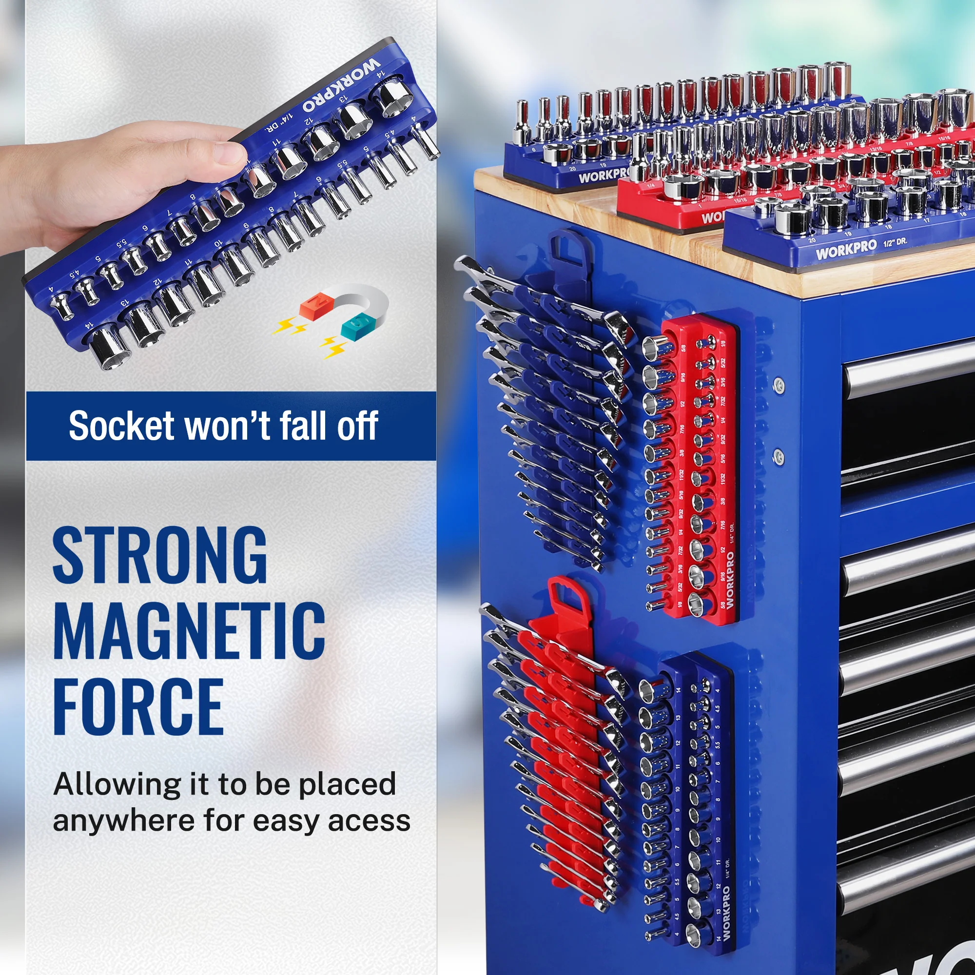 WORKPRO 8-Piece Magnetic Socket Organizer and Metric SAE Wrench Organizer Set, 1/4", 3/8", 1/2" Drive Metric SAE Socket Storage(Socket, Wrench not Included) - Image 3