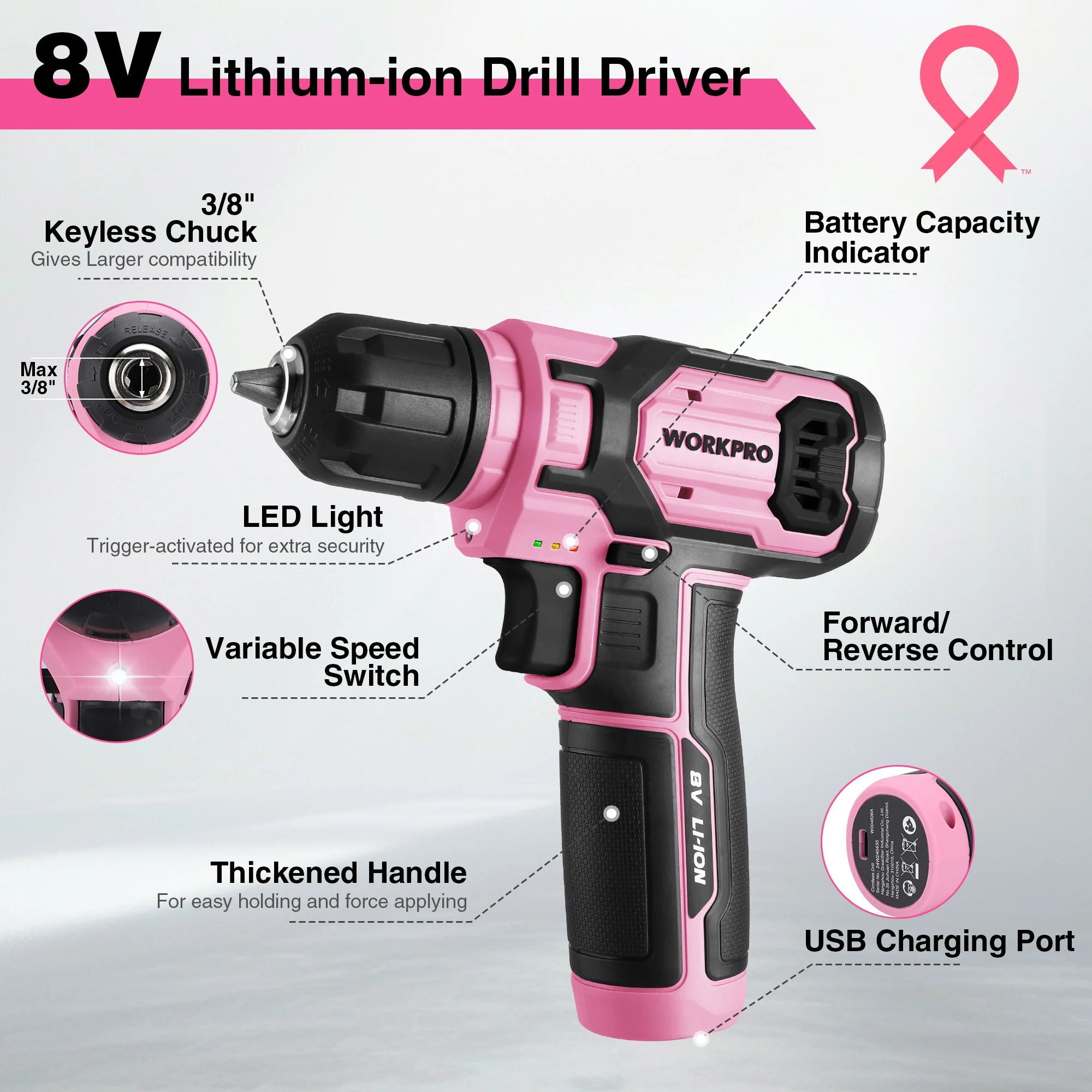 WORKPRO 8V Cordless Drill Driver Set with 53pcs Bit Set, 2.0Ah Electric Drill Kit with 3/8" Keyless Chuck - Pink Ribbon - Image 3