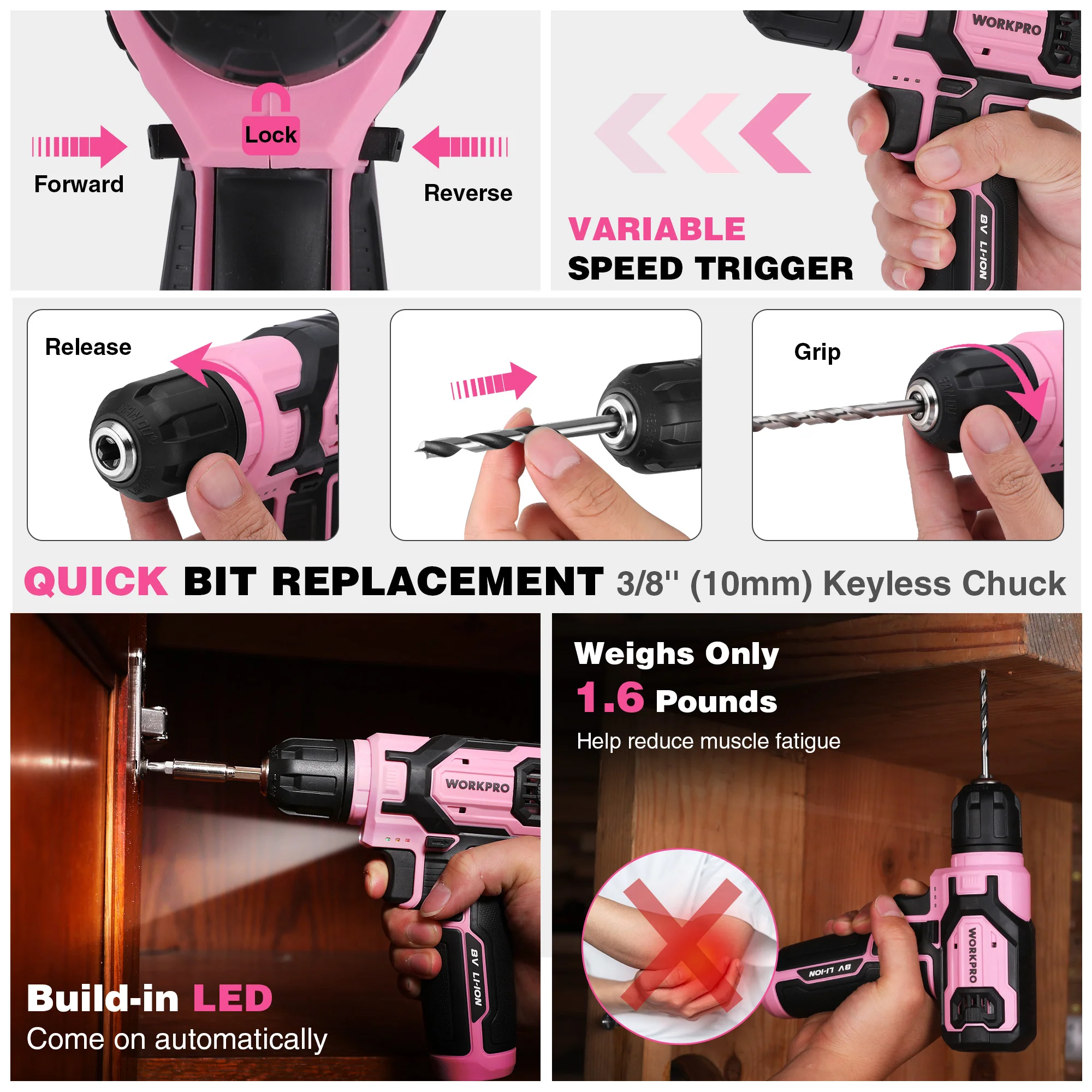 WORKPRO 8V Cordless Drill Driver Set with 53pcs Bit Set, 2.0Ah Electric Drill Kit with 3/8" Keyless Chuck - Pink Ribbon - Image 4