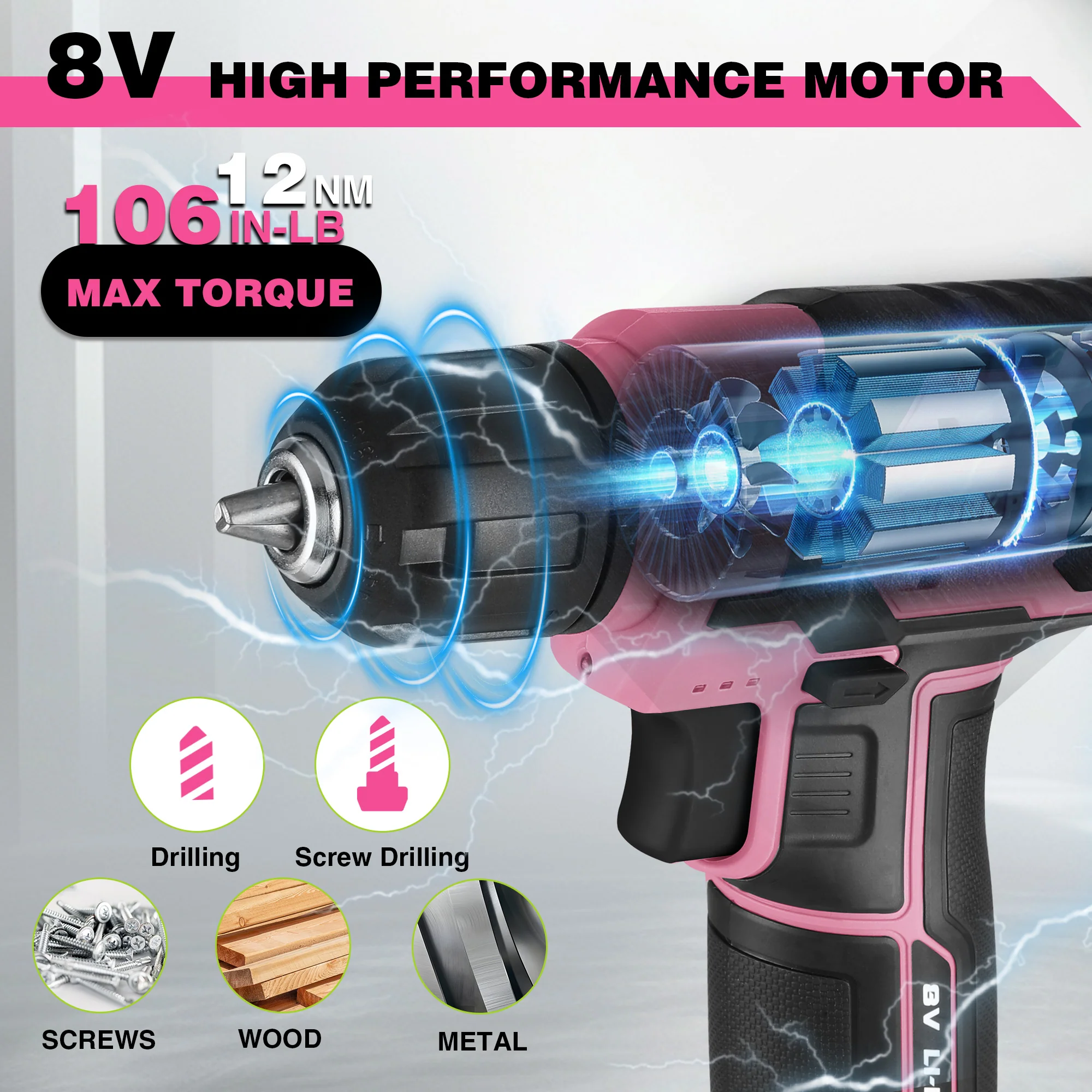 WORKPRO 8V Cordless Drill Driver Set with 53pcs Bit Set, 2.0Ah Electric Drill Kit with 3/8" Keyless Chuck - Pink Ribbon - Image 5