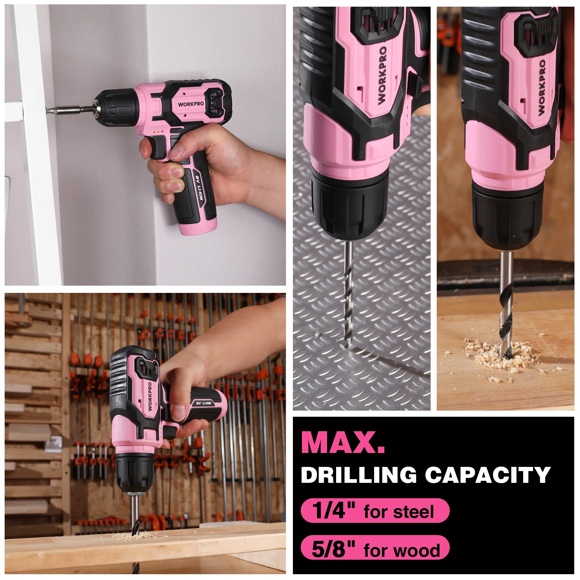 WORKPRO 8V Cordless Drill Driver Set with 53pcs Bit Set, 2.0Ah Electric Drill Kit with 3/8" Keyless Chuck - Pink Ribbon - Image 6