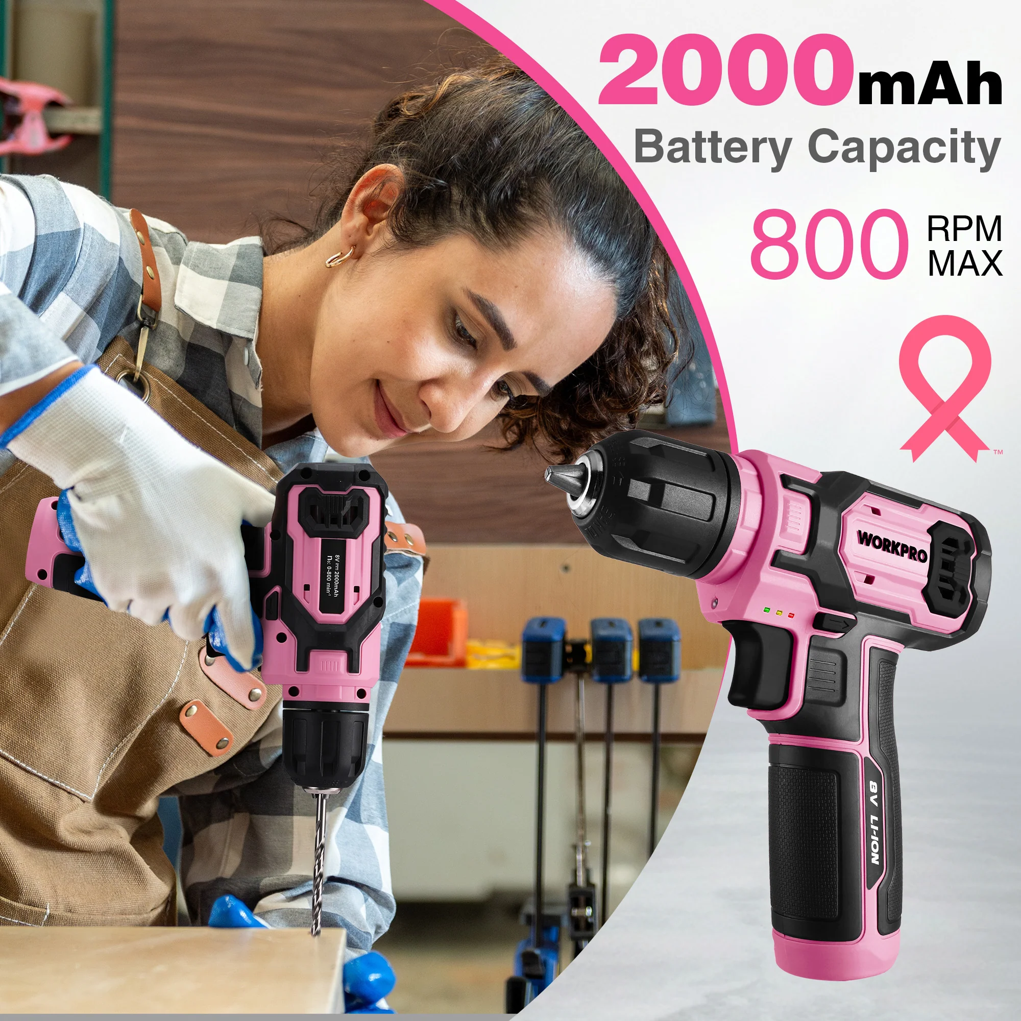 WORKPRO 8V Cordless Drill Driver Set with 53pcs Bit Set, 2.0Ah Electric Drill Kit with 3/8" Keyless Chuck - Pink Ribbon - Image 7