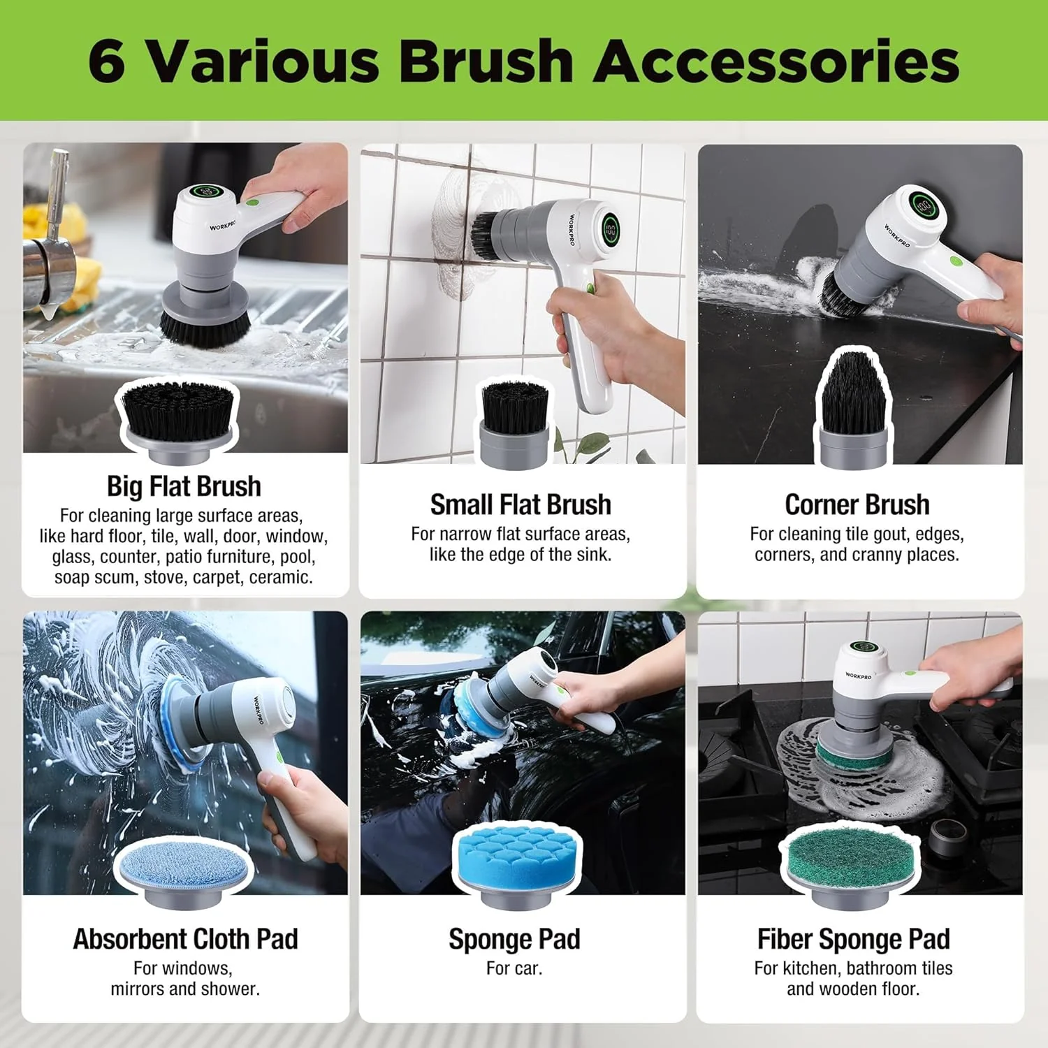 WORKPRO 8V Electric Spin Scrubber, 3-Speed Adjustable Shower Scrubber with 6 Replaceable Brush Heads, IPX6 Waterproof Electric Scrubber for Cleaning Bathroom, Kitchen Sinks, and Windows - Image 7