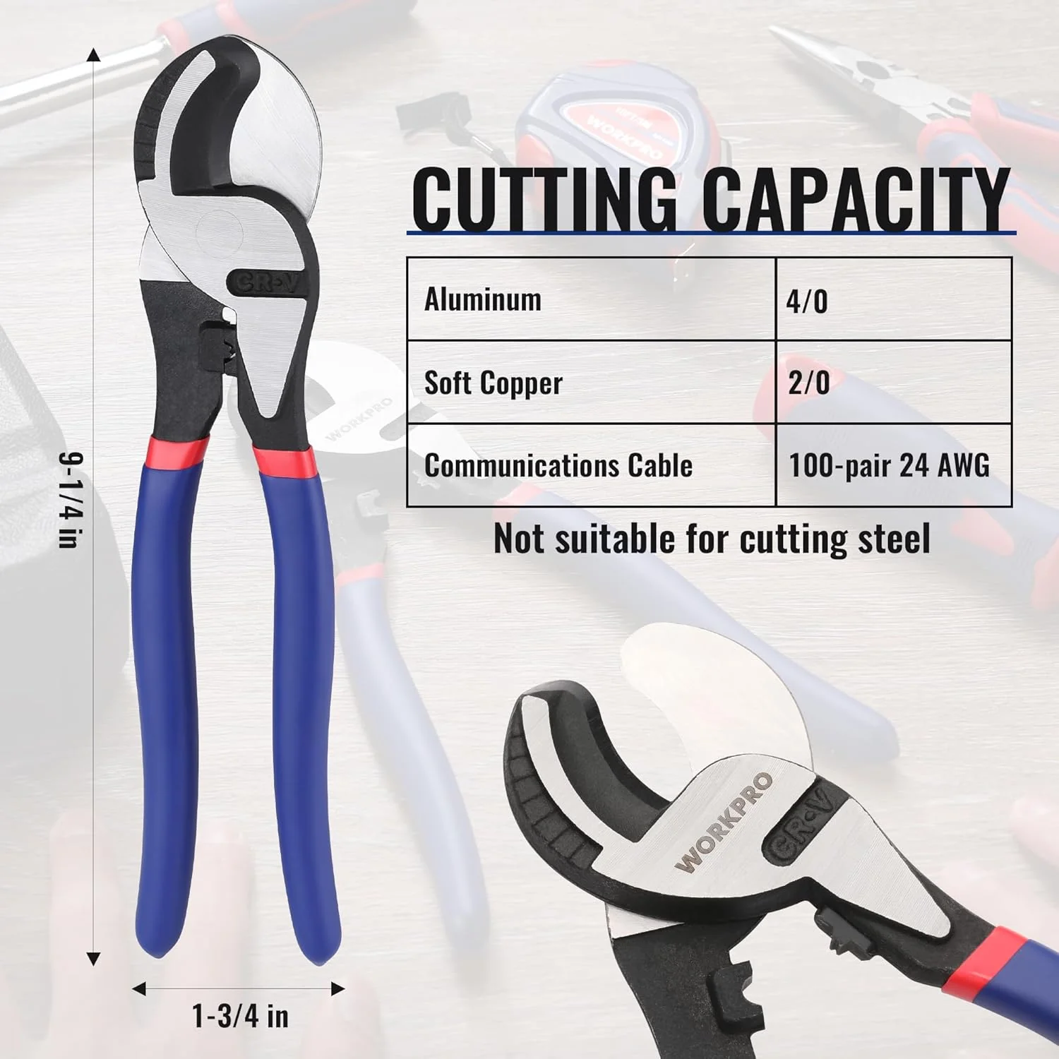 WORKPRO 9-1/4 inch High Leverage Cable Cutter, Heavy Duty CR-V Wire Cutter | Cuts 4/0 Aluminum, 2/0 Soft Copper & 100-Pair 24 AWG Communications Cable - Image 2