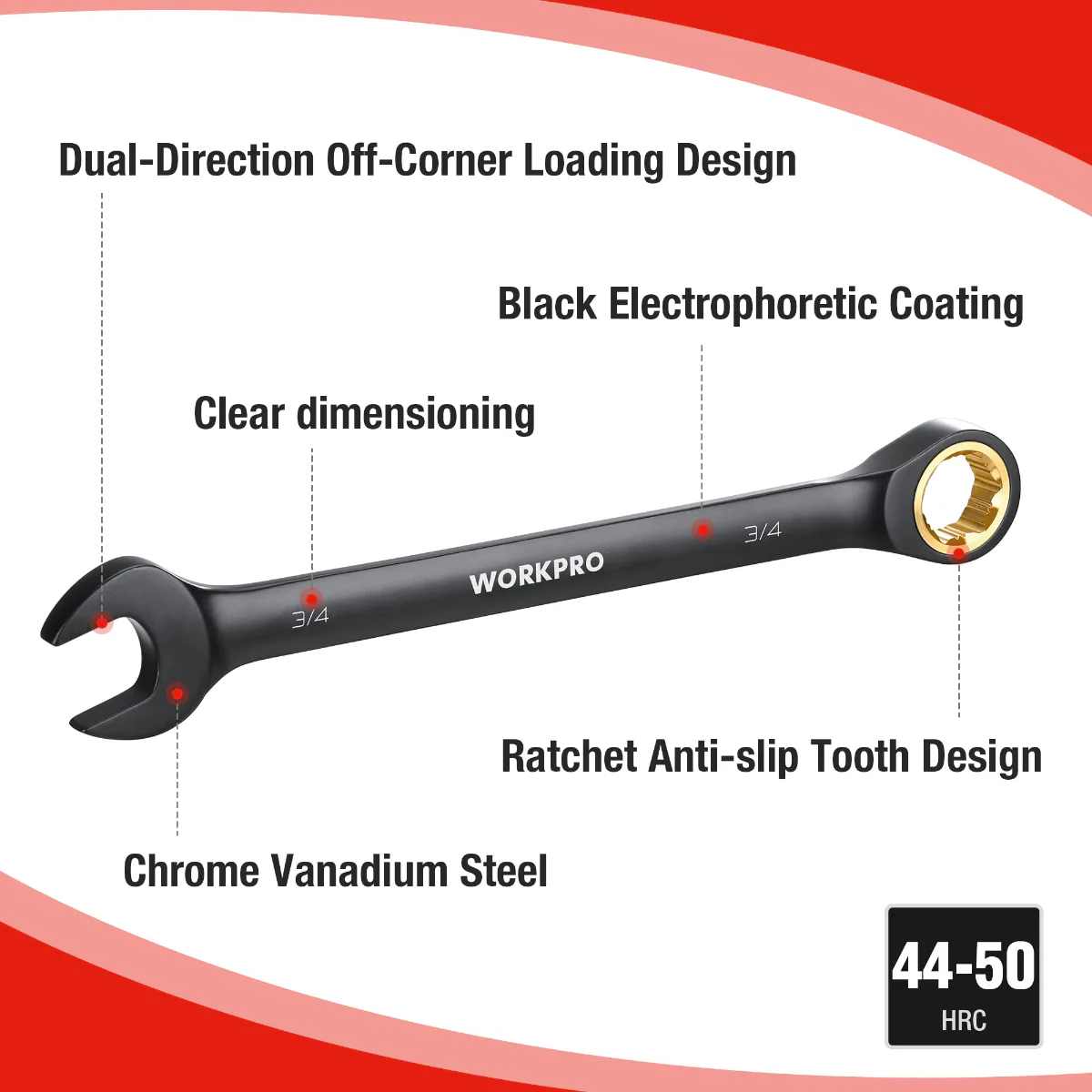 WORKPRO 9 Pcs Black Anti-Slip Ratcheting Combination Wrench Set, Metric 8-19 mm, SAE 1/4"-3/4", 72-Teeth, Cr-V Constructed - Image 12