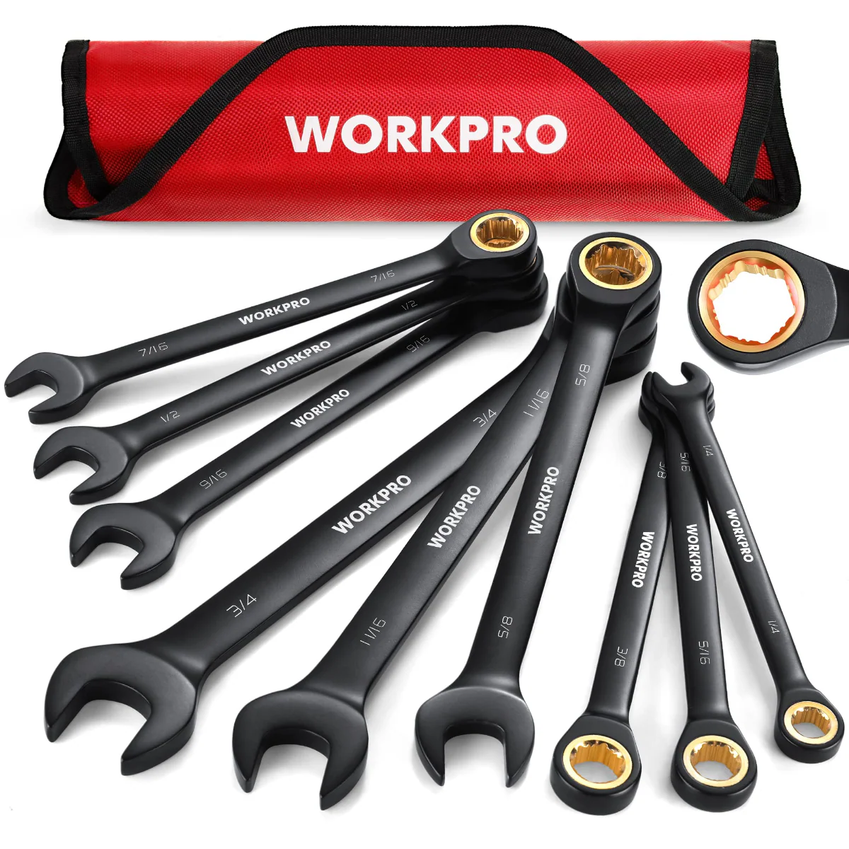 WORKPRO 9 Pcs Black Anti-Slip Ratcheting Combination Wrench Set, Metric 8-19 mm, SAE 1/4"-3/4", 72-Teeth, Cr-V Constructed - Image 8