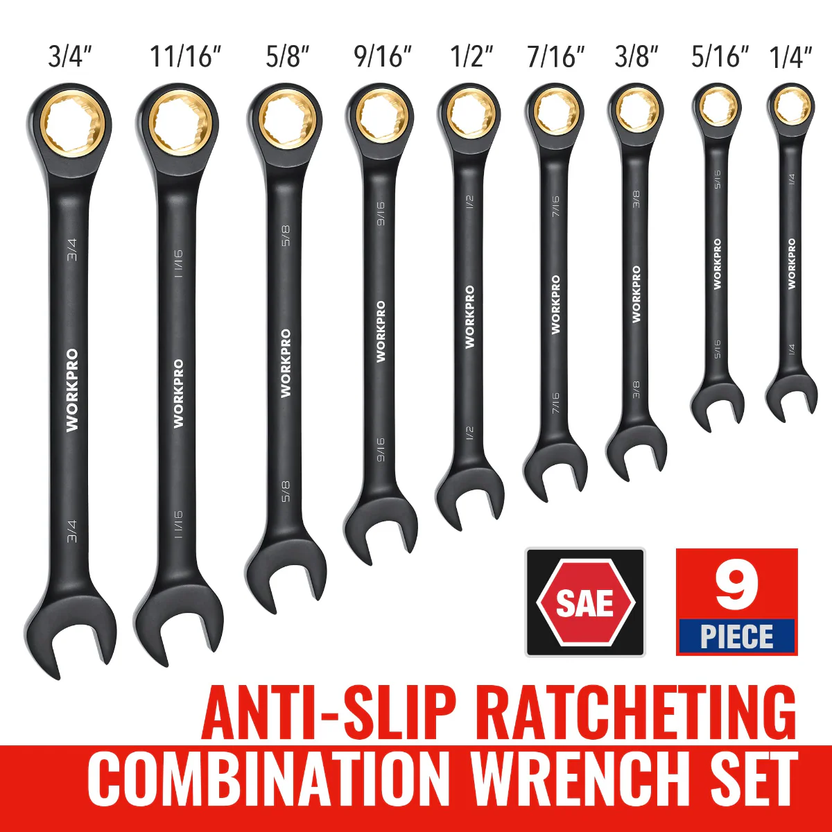WORKPRO 9 Pcs Black Anti-Slip Ratcheting Combination Wrench Set, Metric 8-19 mm, SAE 1/4"-3/4", 72-Teeth, Cr-V Constructed - Image 9