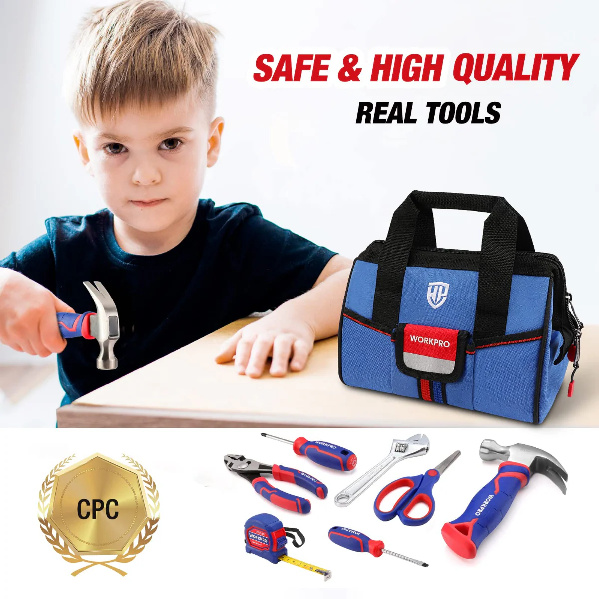 WORKPRO 9 Pcs Kids Junior Tool Set with Tool Bag, Pink/Blue - Pink Ribbon - Image 10