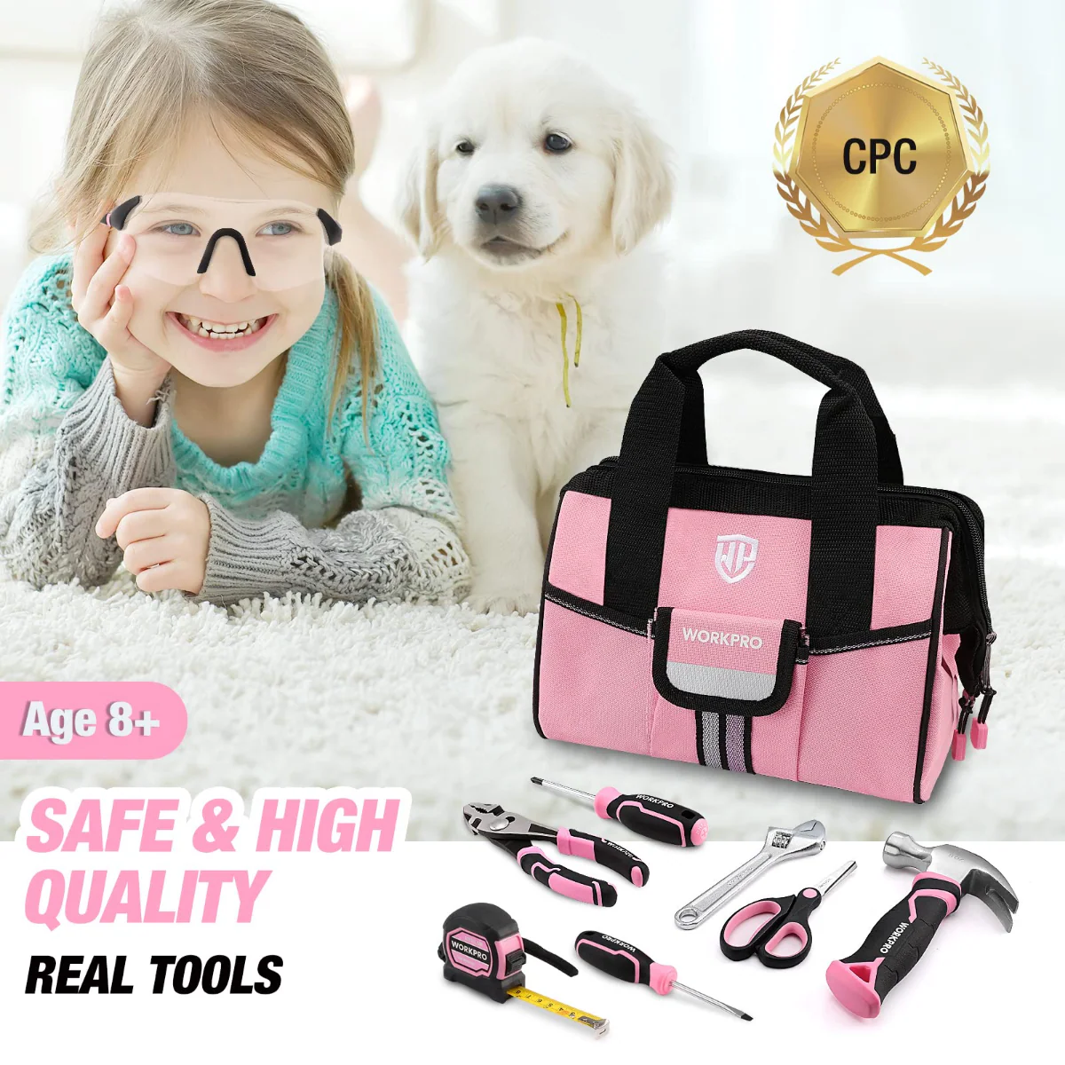 WORKPRO 9 Pcs Kids Junior Tool Set with Tool Bag, Pink/Blue - Pink Ribbon - Image 4