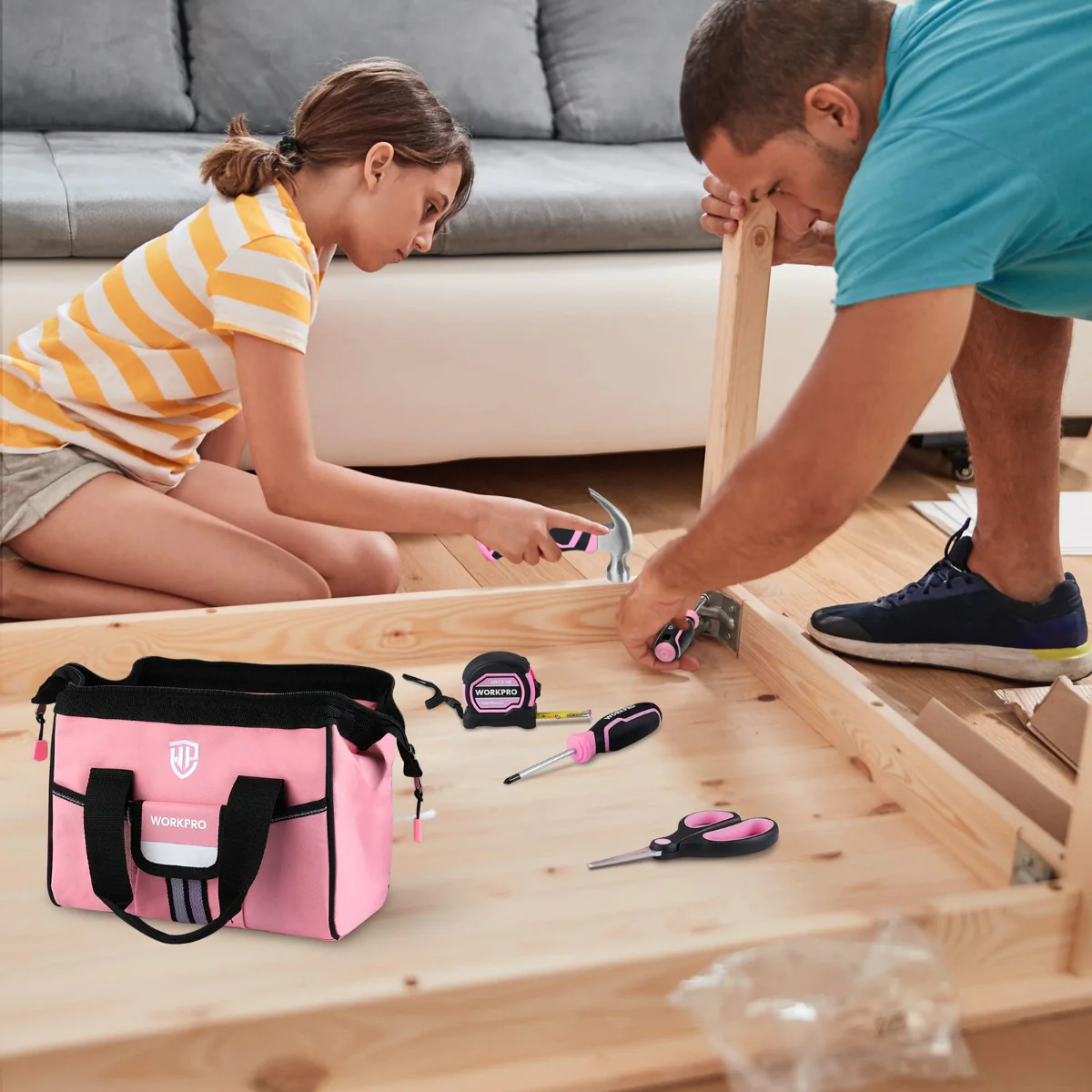 WORKPRO 9 Pcs Kids Junior Tool Set with Tool Bag, Pink/Blue - Pink Ribbon - Image 5