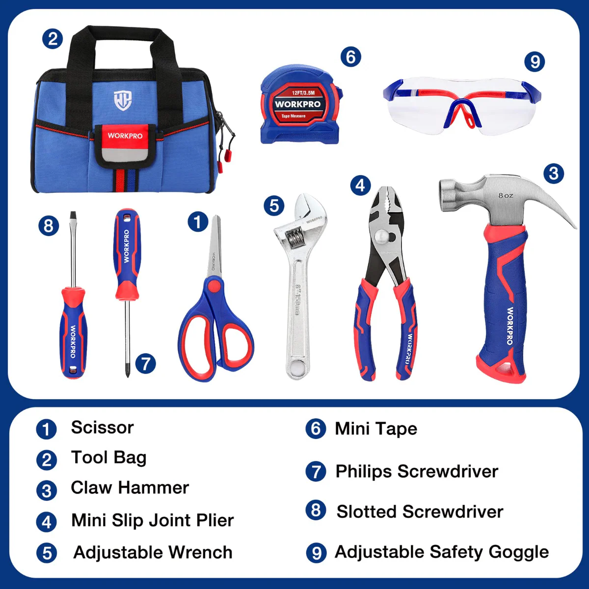 WORKPRO 9 Pcs Kids Junior Tool Set with Tool Bag, Pink/Blue - Pink Ribbon - Image 8