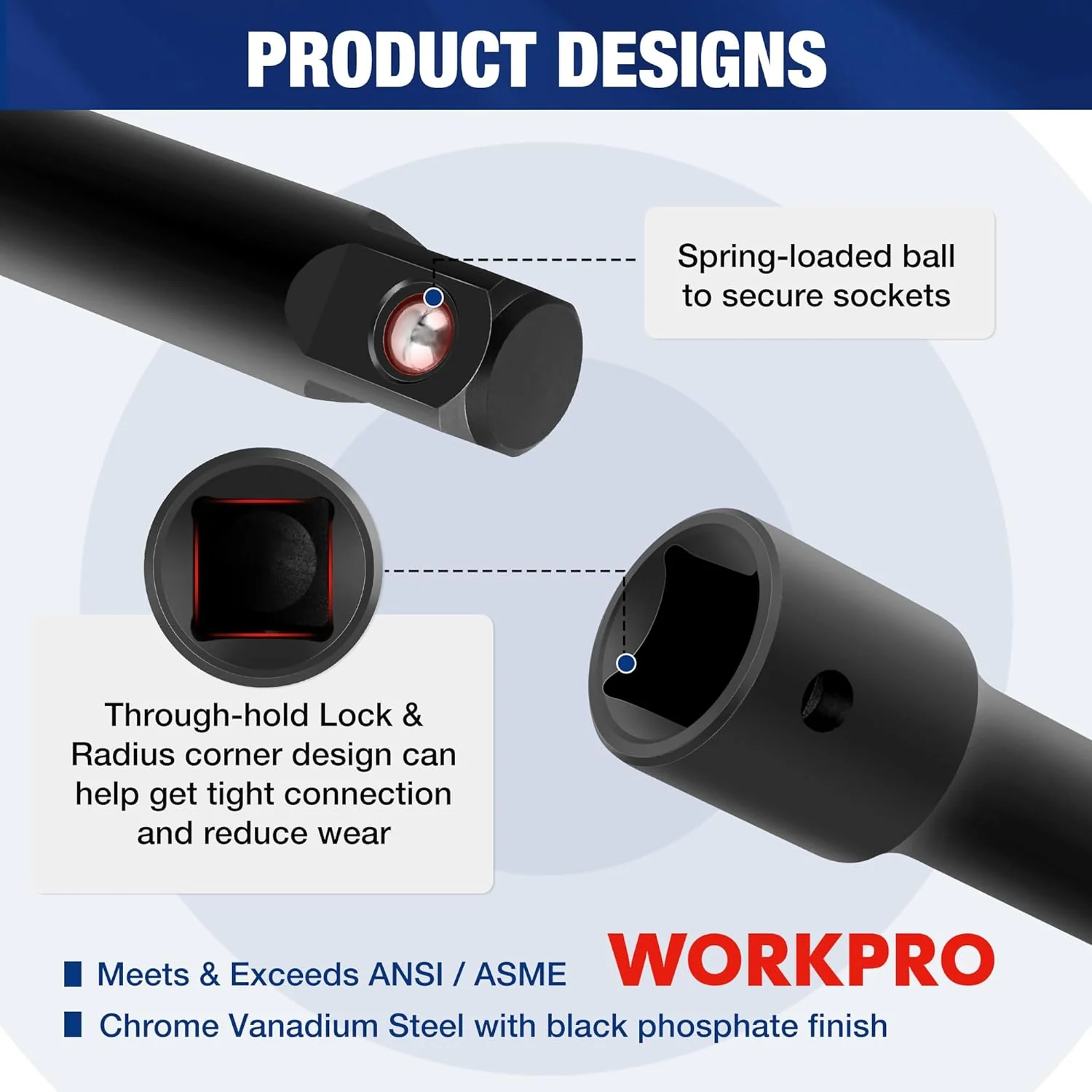 WORKPRO 9-Piece Impact Socket Extension Set, Includes 3/8" Drive Extension Bar Set, 1/4", 3/8" & 1/2" Drive Universal Joints and Adapters, Premium Chrome Vanadium Steel with Black Phosphate Finish - Image 4