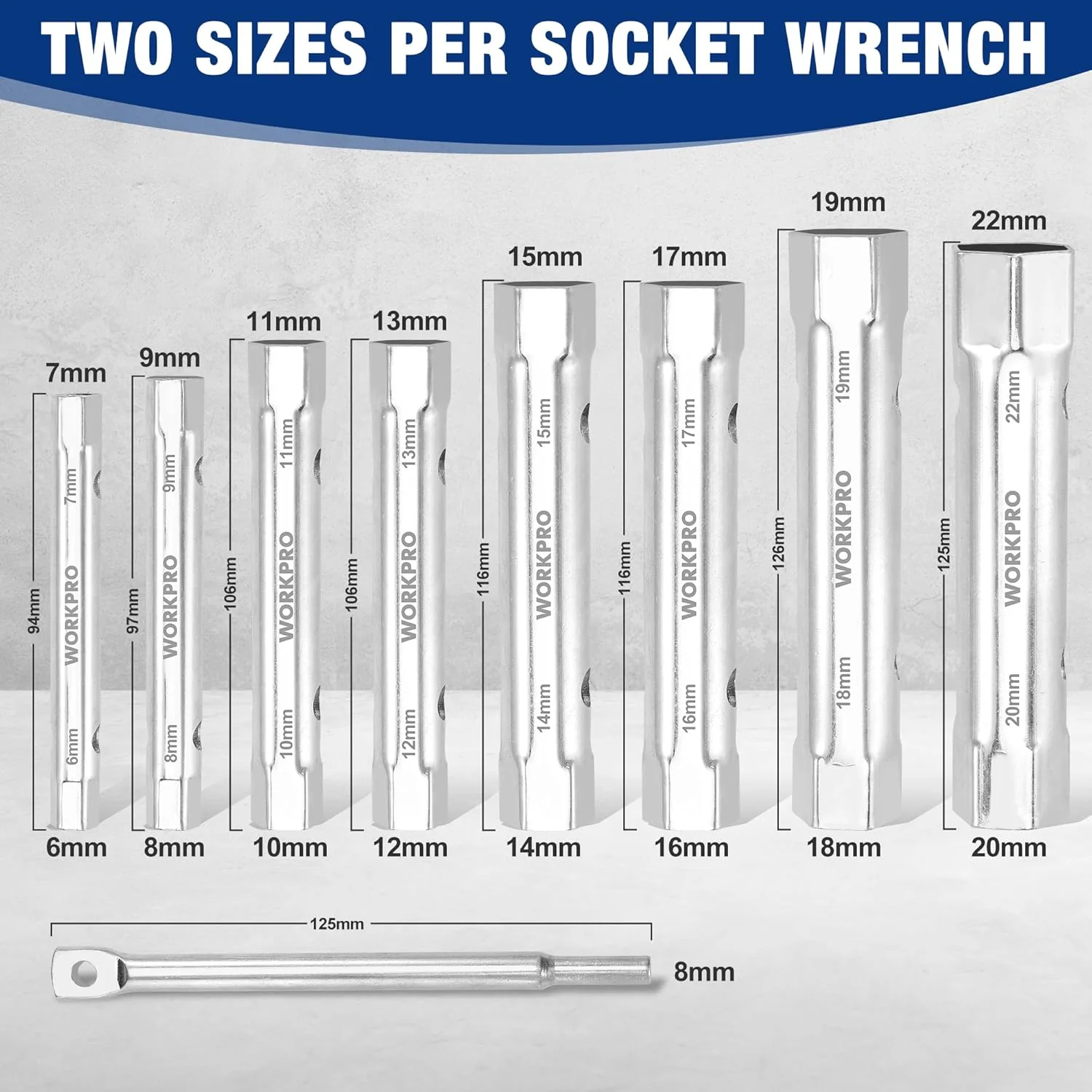 WORKPRO 9-Piece Shower Valve Socket Wrench Set with Bar Handle, for Bathroom Removal of Tub and Shower Valves, Home Plumbing Repairs, Double-Ended, Storage Bag Included - Image 2