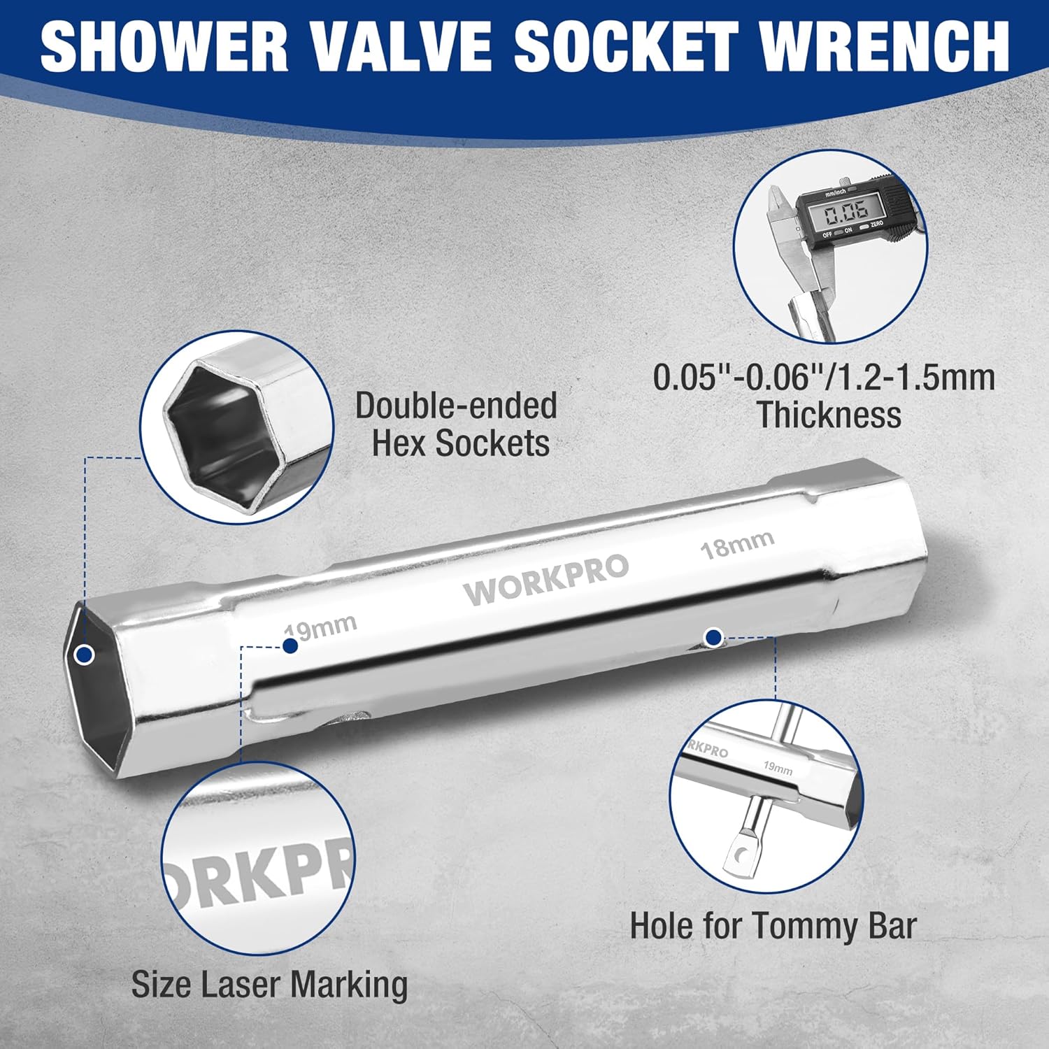 WORKPRO 9-Piece Shower Valve Socket Wrench Set with Bar Handle, for Bathroom Removal of Tub and Shower Valves, Home Plumbing Repairs, Double-Ended, Storage Bag Included - Image 3