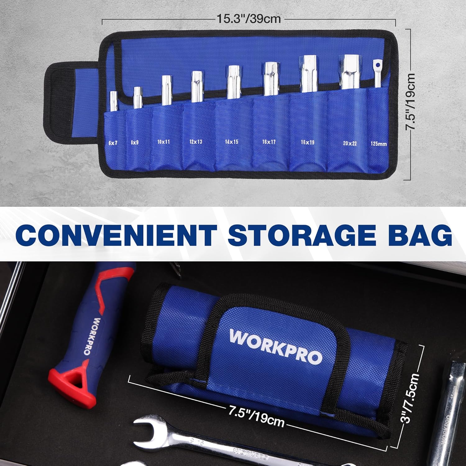 WORKPRO 9-Piece Shower Valve Socket Wrench Set with Bar Handle, for Bathroom Removal of Tub and Shower Valves, Home Plumbing Repairs, Double-Ended, Storage Bag Included - Image 5