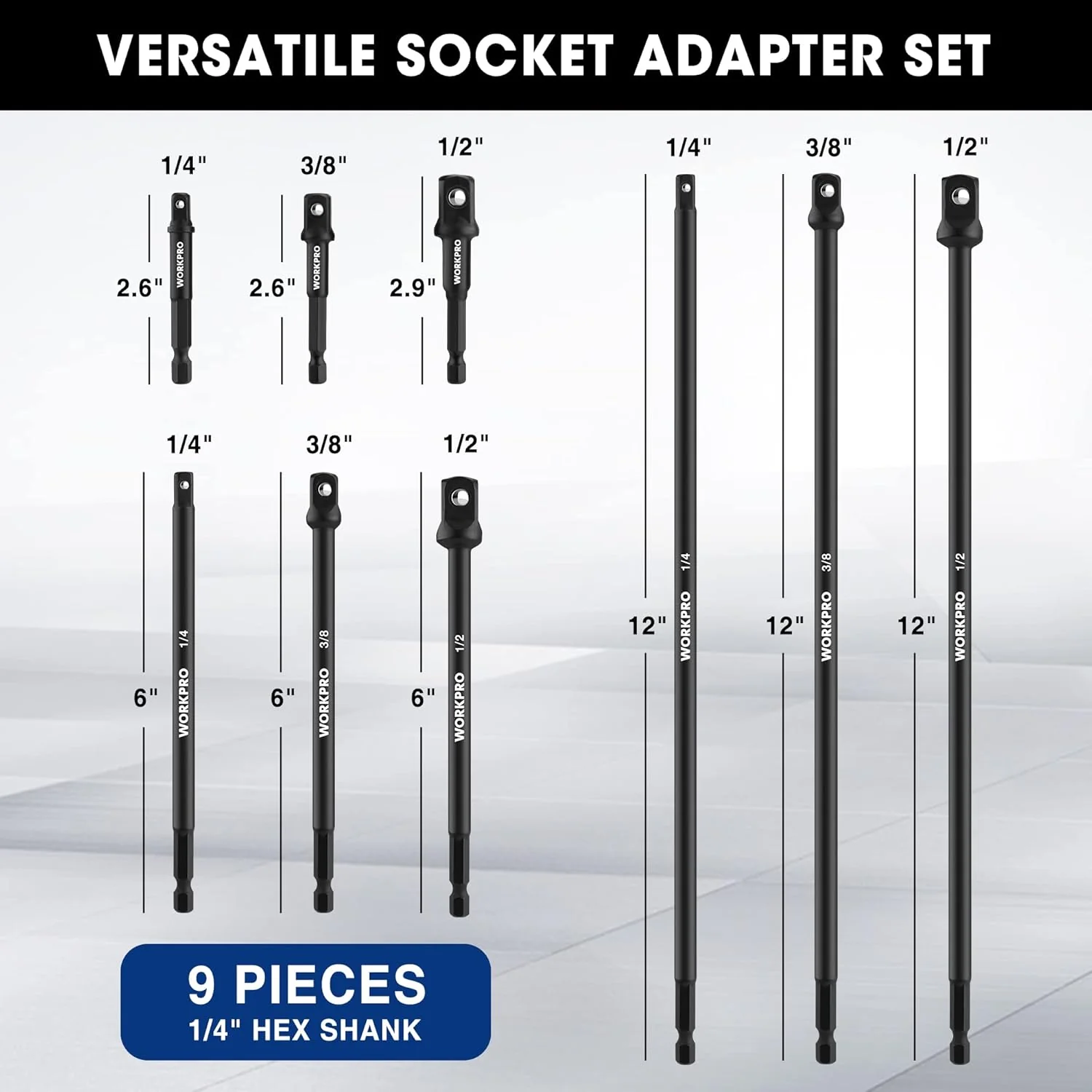 WORKPRO 9-Piece Socket Adapter Extension Set, 1/4-Inch Hex Shank | 1/4" 3/8" 1/2" Impact Socket Driver Set, Drill Sockets Extension Bit, Sockets Driver Adapter, Drill Extension with Holder - Image 2