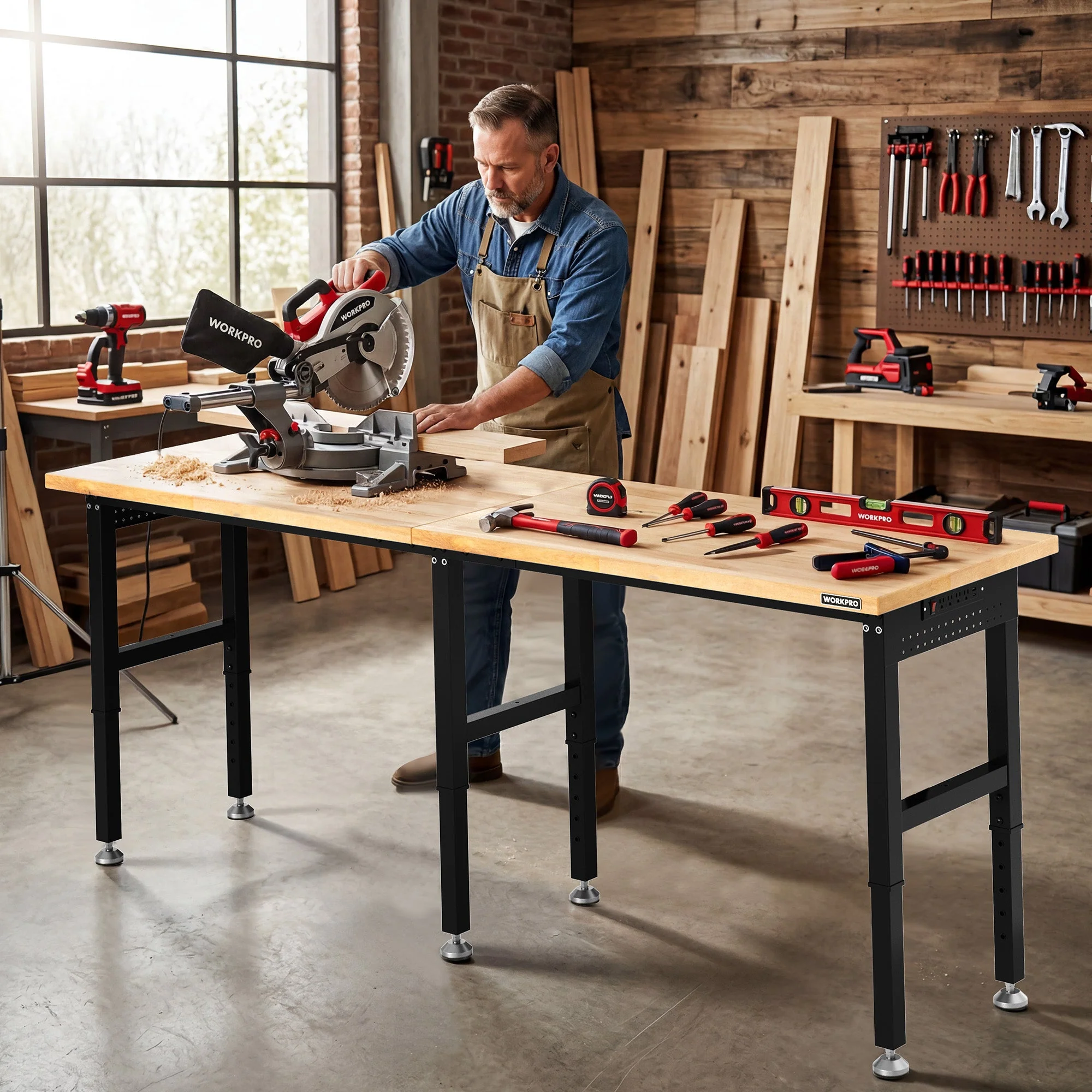 WORKPRO 96"x24" Large Workbench with Adjustable Height and Power Outlet, 4000 LBS Load Capacity Heavy-Duty Work Table for Garage, Workshop, Home - Image 10