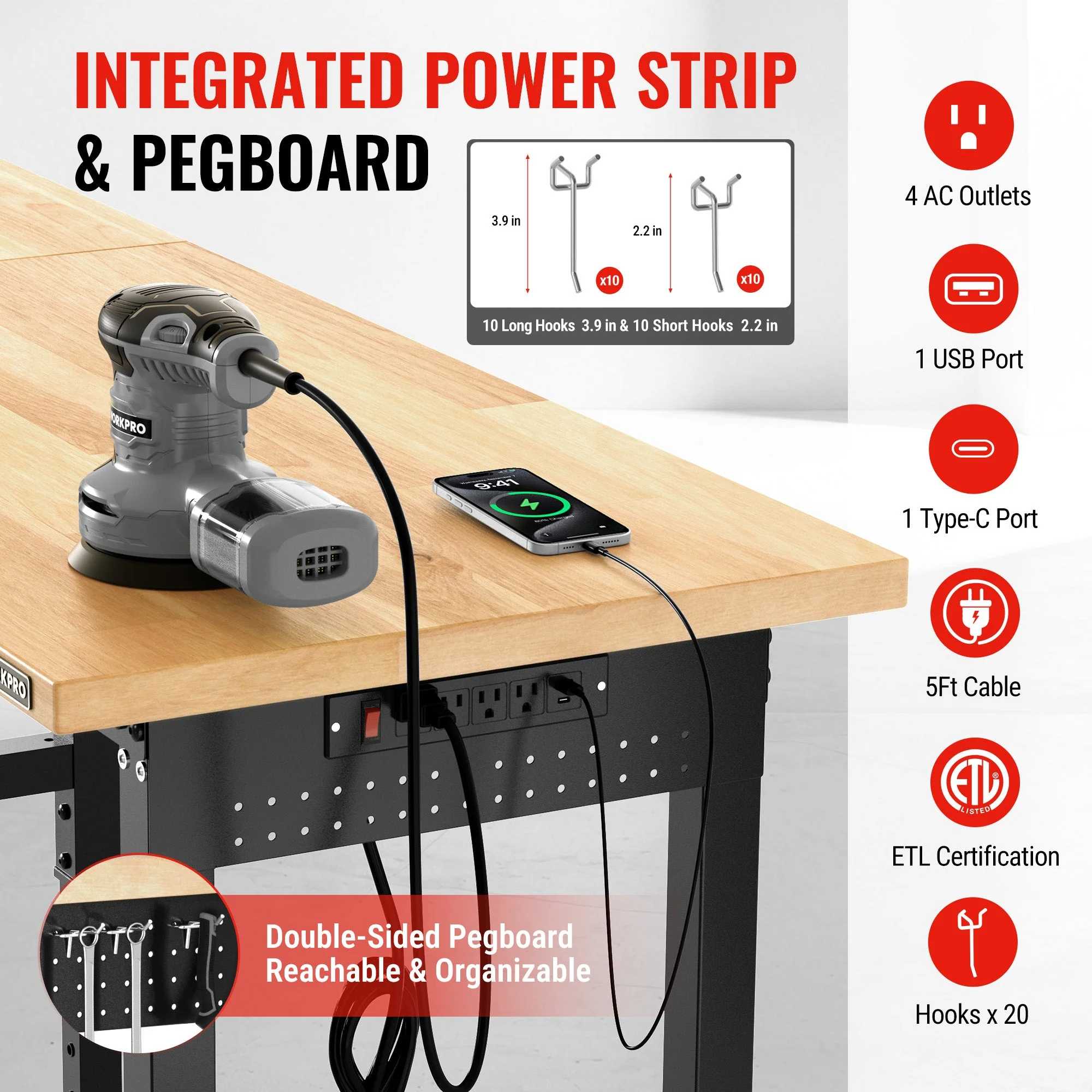WORKPRO 96"x24" Large Workbench with Adjustable Height and Power Outlet, 4000 LBS Load Capacity Heavy-Duty Work Table for Garage, Workshop, Home - Image 5