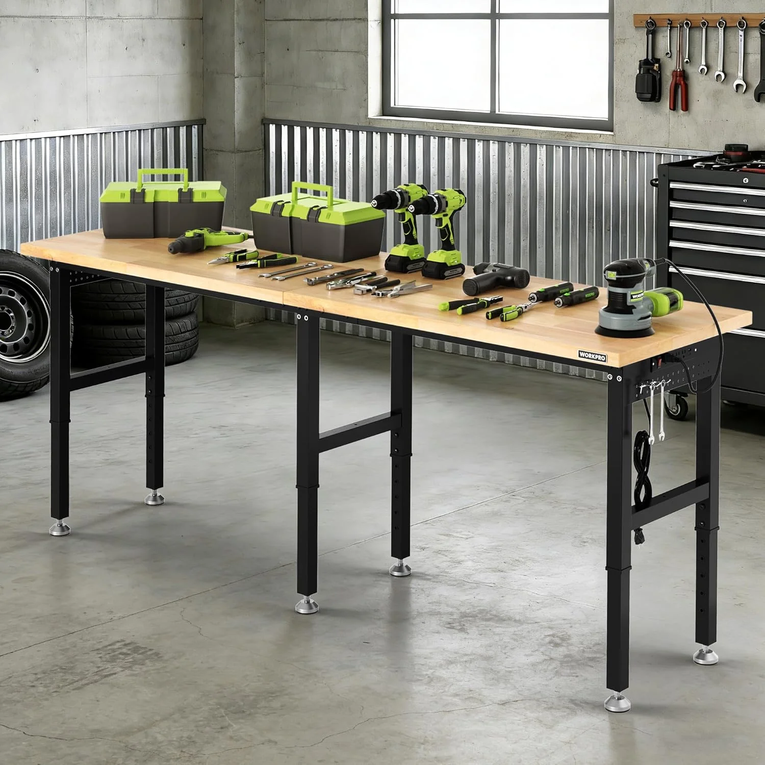 WORKPRO 96"x24" Large Workbench with Adjustable Height and Power Outlet, 4000 LBS Load Capacity Heavy-Duty Work Table for Garage, Workshop, Home - Image 9