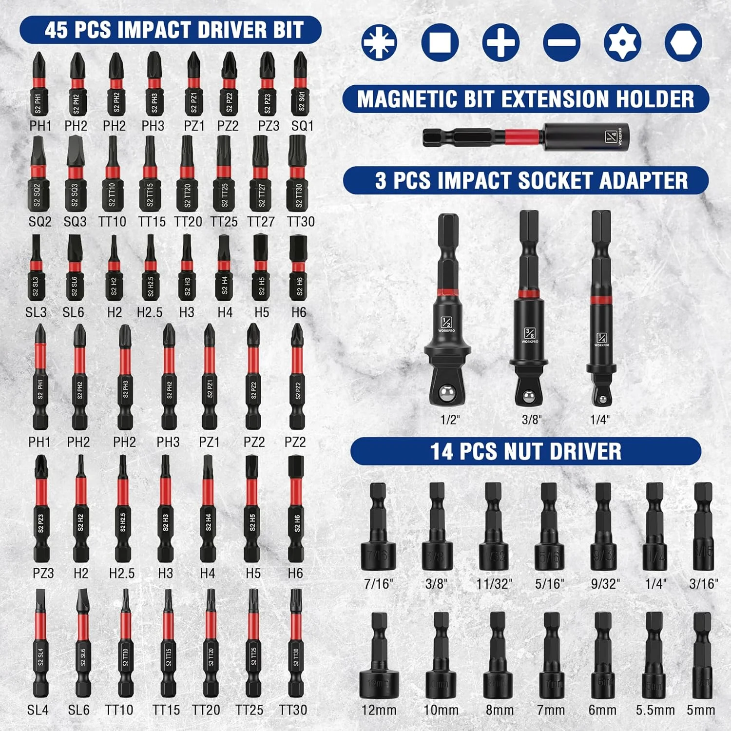 WORKPRO 98-Piece Magnetic Nut Driver Set, Impact Driver Bits, Metric & SAE Cr-V Nut Drivers with Bit Holder, Universal Socket, Socket Adapter, Wing Nut Driver, Ratchet Handle, Quick-Release Extension - Image 3