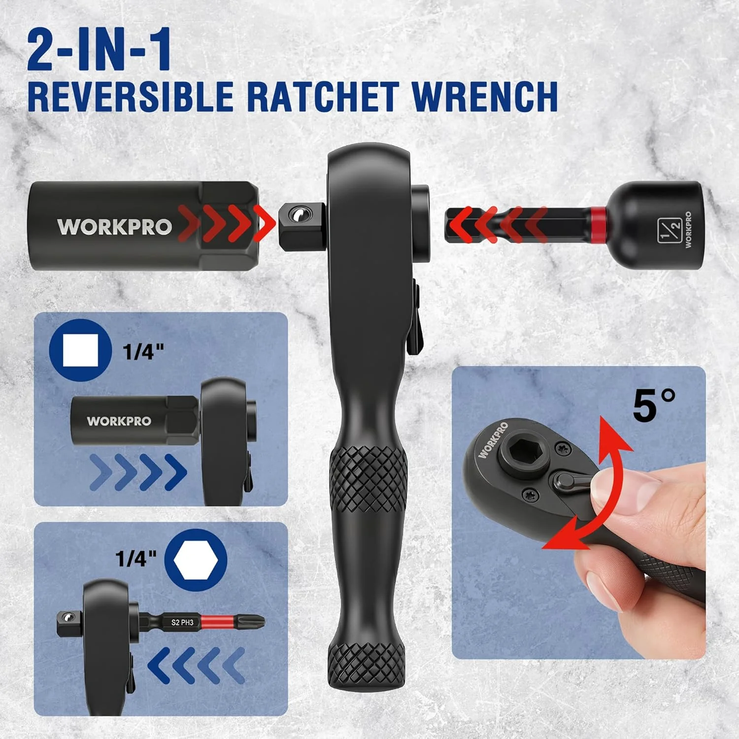WORKPRO 98-Piece Magnetic Nut Driver Set, Impact Driver Bits, Metric & SAE Cr-V Nut Drivers with Bit Holder, Universal Socket, Socket Adapter, Wing Nut Driver, Ratchet Handle, Quick-Release Extension - Image 5