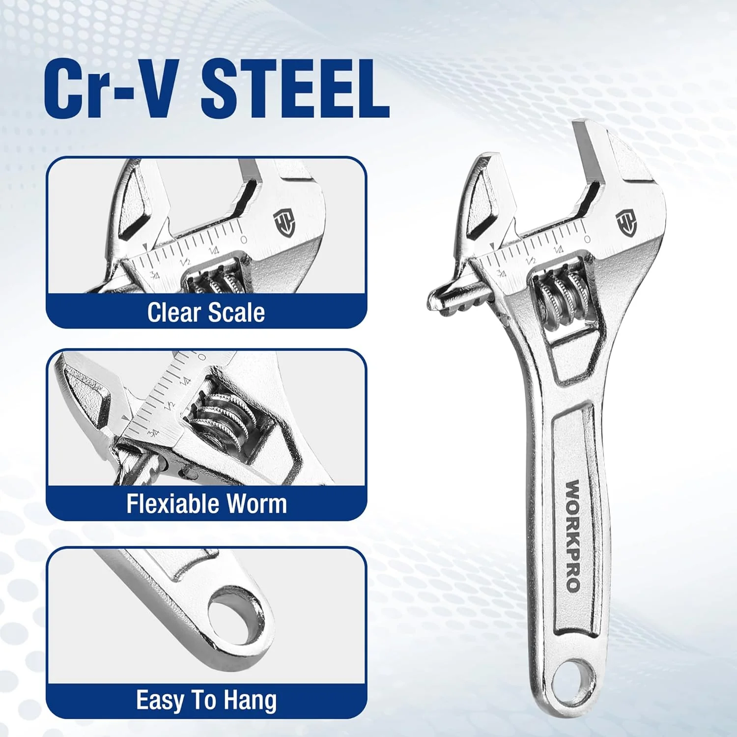 WORKPRO Adjustable Wrench, 4-inch Heavy Duty Spanner with Inch/Metric Scale, Premium Cr-V Steel, Chrome Plated - Image 5