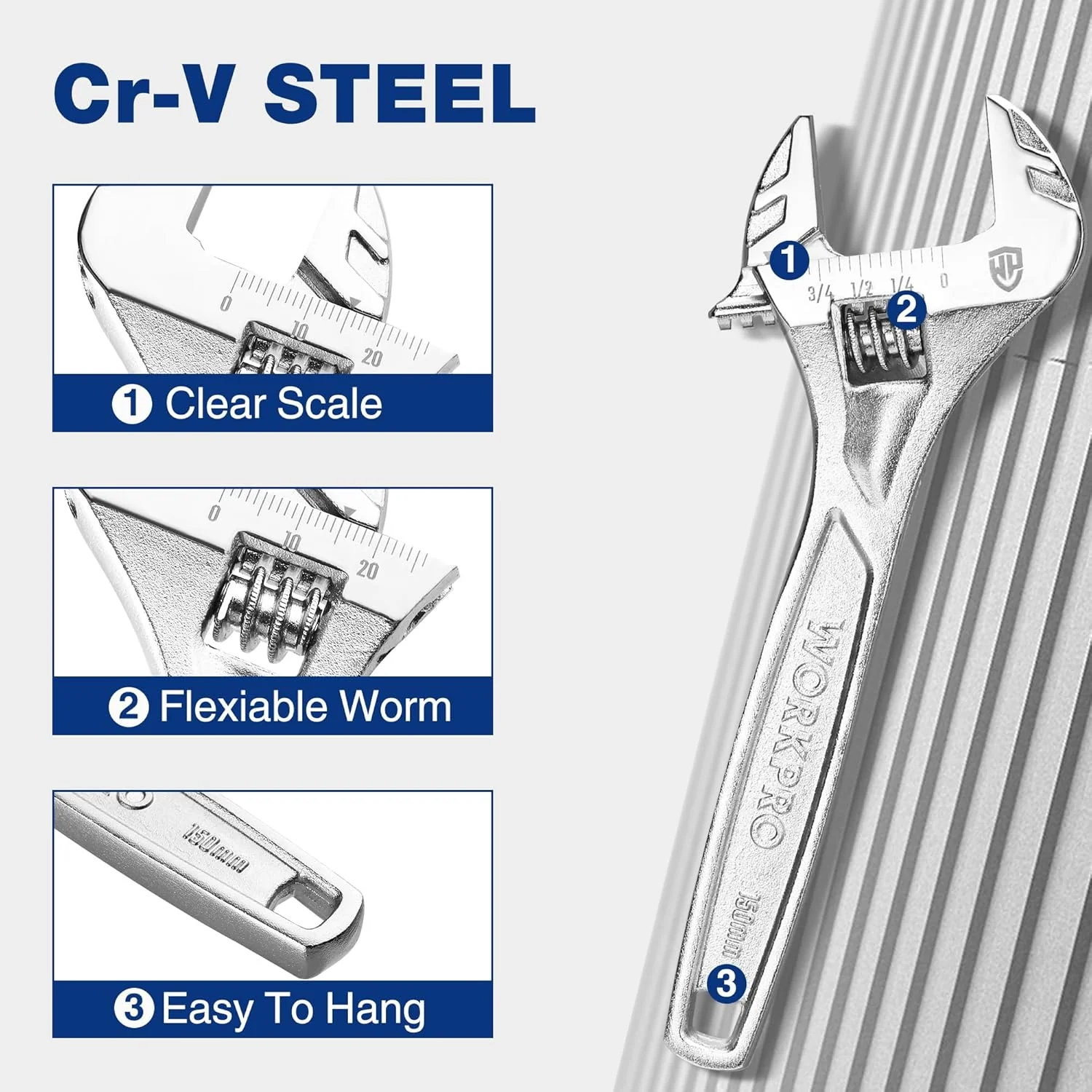 WORKPRO Adjustable Wrench, 6-inch Heavy Duty Spanner with Inch/Metric Scale, Premium Cr-V Steel, Chrome Plated - Image 5