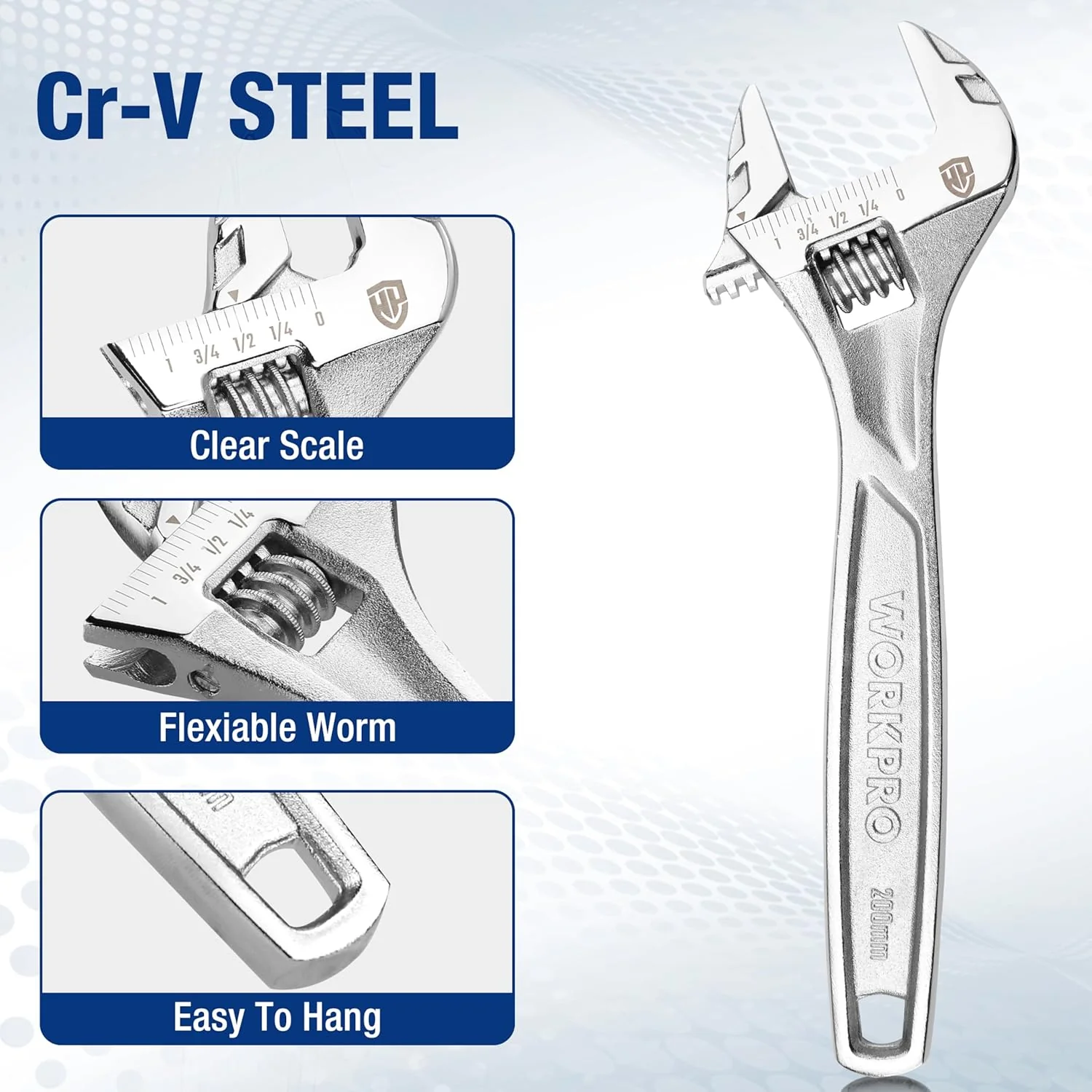 WORKPRO Adjustable Wrench, 8-inch Heavy Duty Spanner with Inch/Metric Scale, Premium Cr-V Steel, Chrome Plated - Image 5