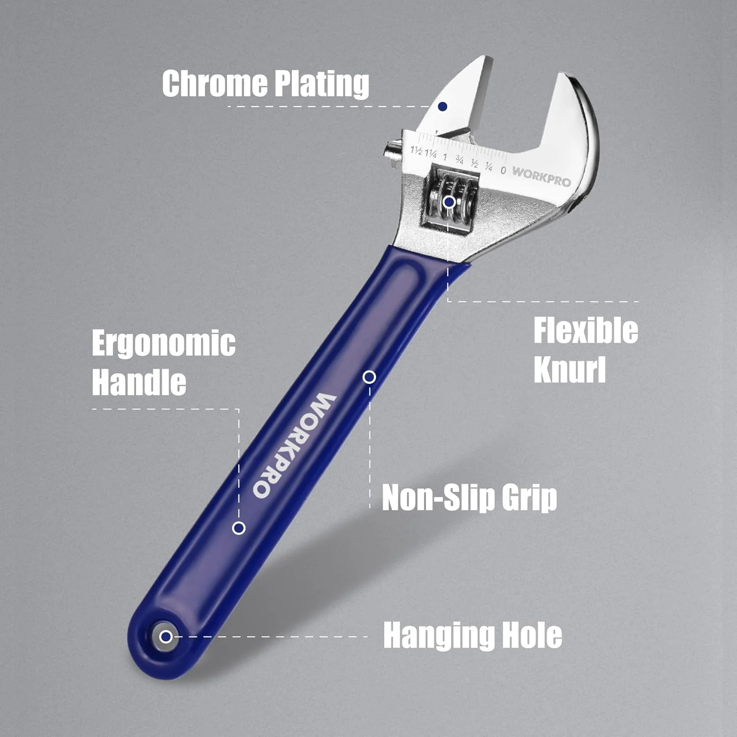 WORKPRO Adjustable Wrench Set, 6-inch, 8-inch, 10-inch, 12-inch Wide Jaw Wrenches with SAE and Metric Scales, Rubber Grip, Heat-Treated Steel for Home Repairs, Plumbing, and Garage Work - Image 9