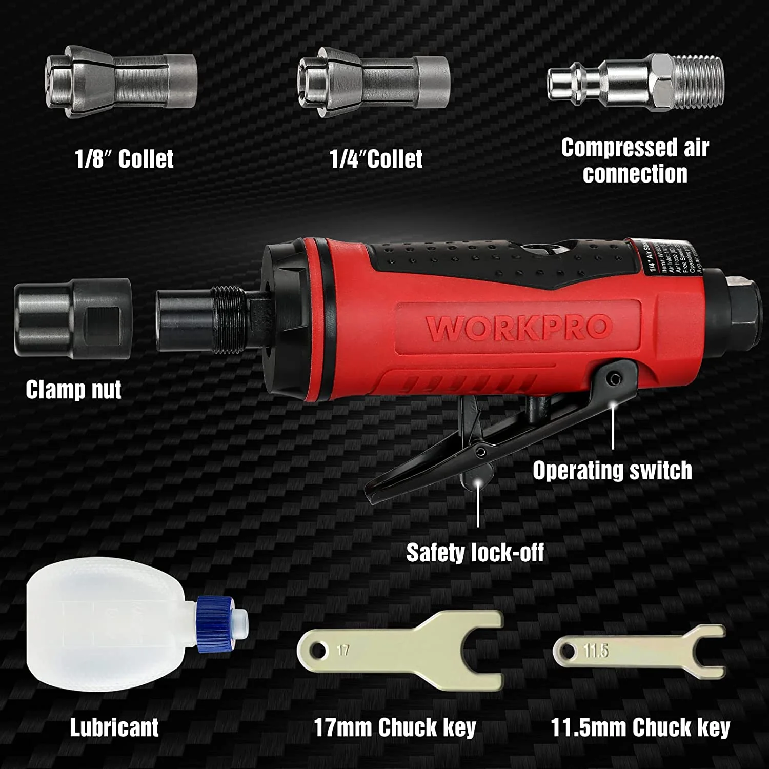 WORKPRO Air Die Grinder, 1/4-Inch Pneumatic Straight Die Grinder, 25000RPM, Air-Powered Die Grinder 1/4" & 1/8" Collets Included - Image 2