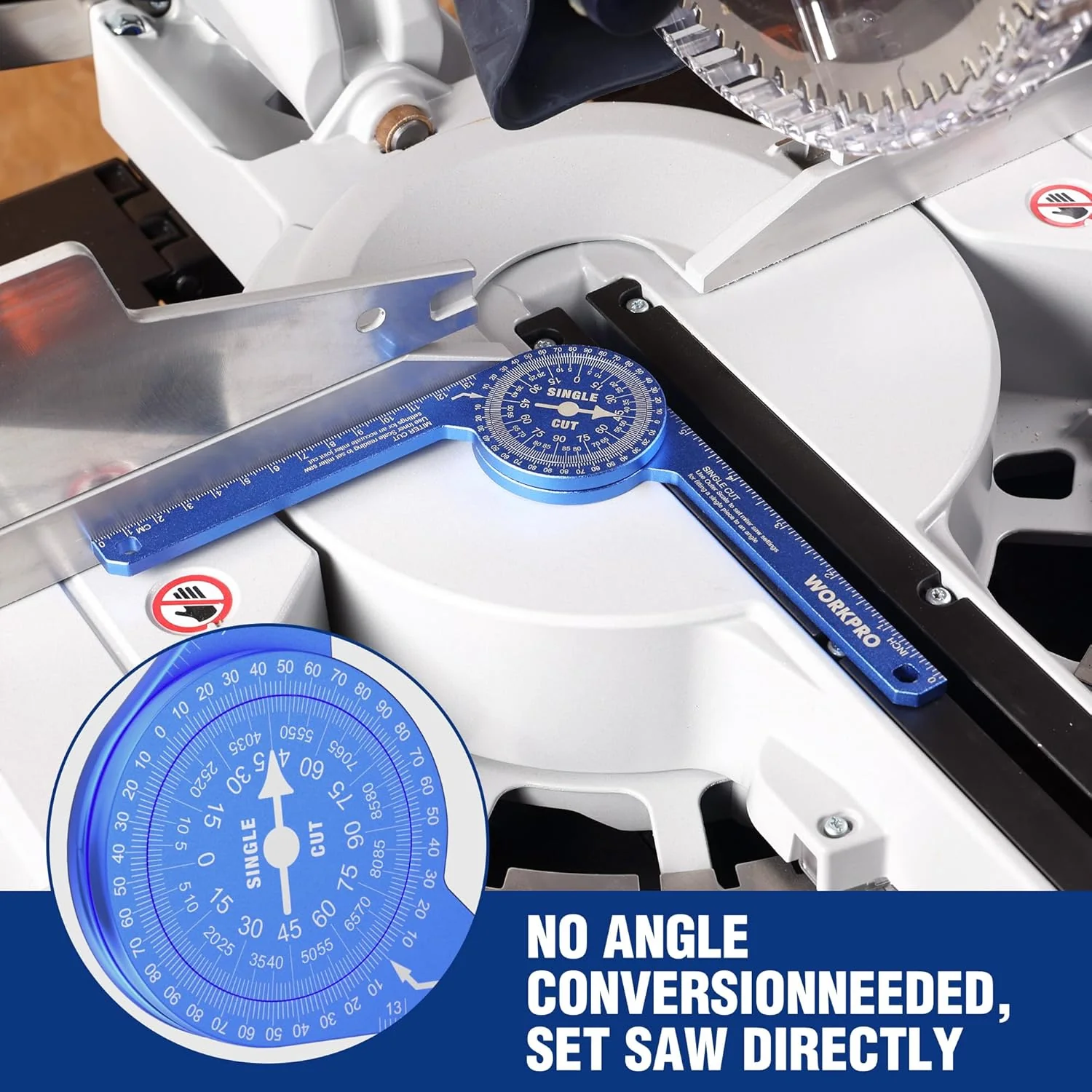 WORKPRO Aluminum Miter Saw Protractor, 7.3 Inch Angle Finder Featuring Precision Laser Engraved Scales for Inside and Outside Corner, Carpenters, Plumbers and All Building Trades, 360° Rotation, Blue - Image 2