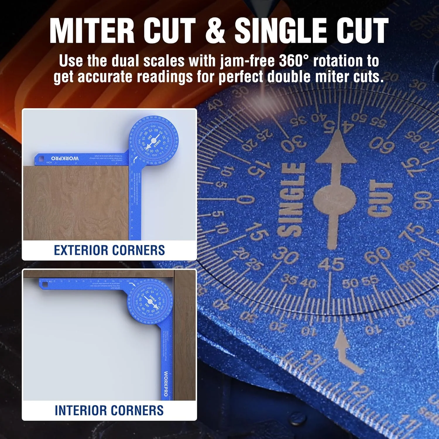 WORKPRO Aluminum Miter Saw Protractor, 7.3 Inch Angle Finder Featuring Precision Laser Engraved Scales for Inside and Outside Corner, Carpenters, Plumbers and All Building Trades, 360° Rotation, Blue - Image 3