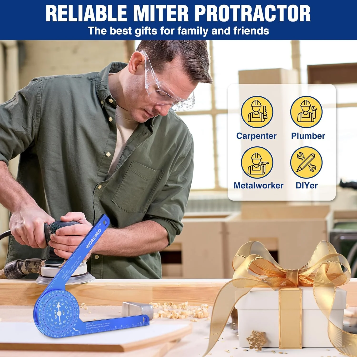 WORKPRO Aluminum Miter Saw Protractor, 7.3 Inch Angle Finder Featuring Precision Laser Engraved Scales for Inside and Outside Corner, Carpenters, Plumbers and All Building Trades, 360° Rotation, Blue - Image 7