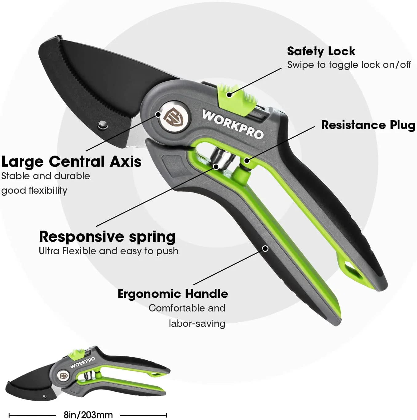 WORKPRO Anvil Pruning Shears, 8’’ Professional Gardening Hand Pruner with SK5 Steel Sharp Blades, Ideal Gardening Tool for Cutting and Trimming, Green - Image 8
