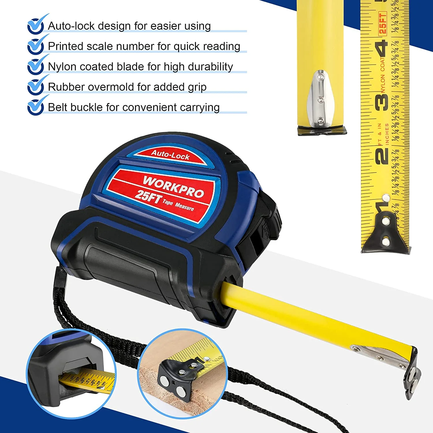 WORKPRO Auto-Lock Tape Measure 25 FT, Tape Measure with Fractions Every 1/8" and 1/32" Accuracy, Quick Read - Image 2