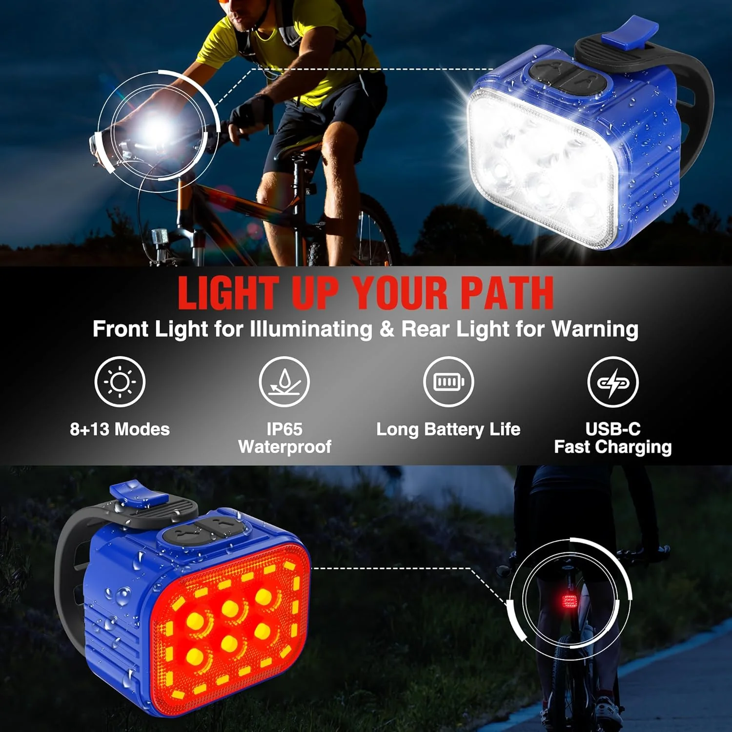WORKPRO Bike Lights Set [8+13 Modes], Rechargeable Bicycle Light Set Ultra Bright, IP65 Waterproof Bike Lights for Night Riding, 1200mAh Bike Headlight and Tail Light Reflectors - Image 2