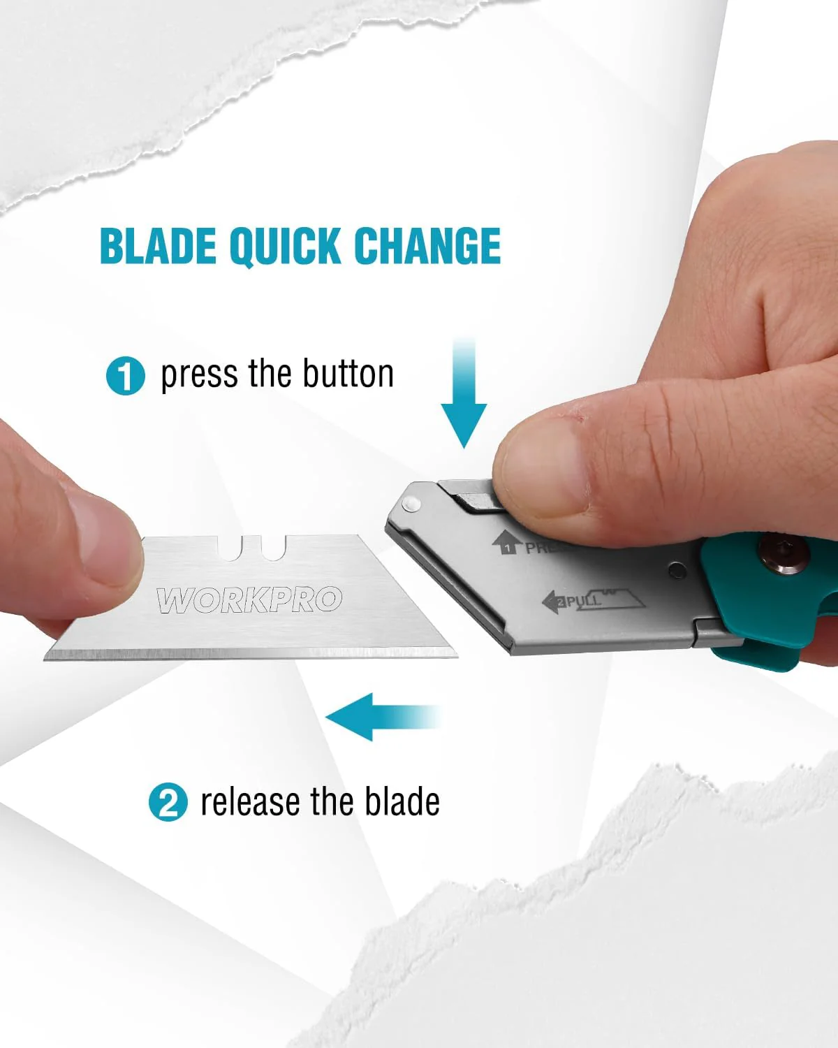 WORKPRO Box Cutter, Utility Knife Quick Change Blade Razor Knife, Folding Pocket Knife with Belt Clip and Axis Lock, 10 Extra Blades Included, Blue - Image 5