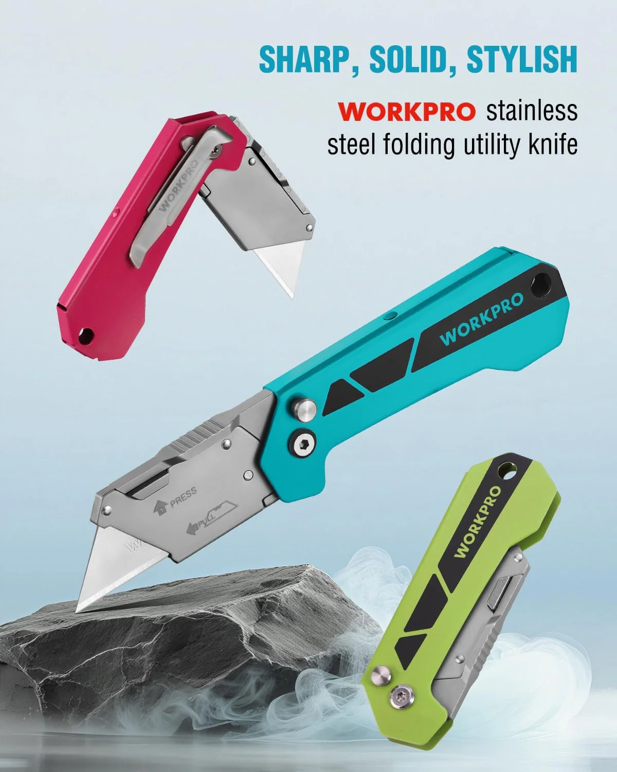 WORKPRO Box Cutter, Utility Knife Quick Change Blade Razor Knife, Folding Pocket Knife with Belt Clip and Axis Lock, 10 Extra Blades Included, Blue - Image 7