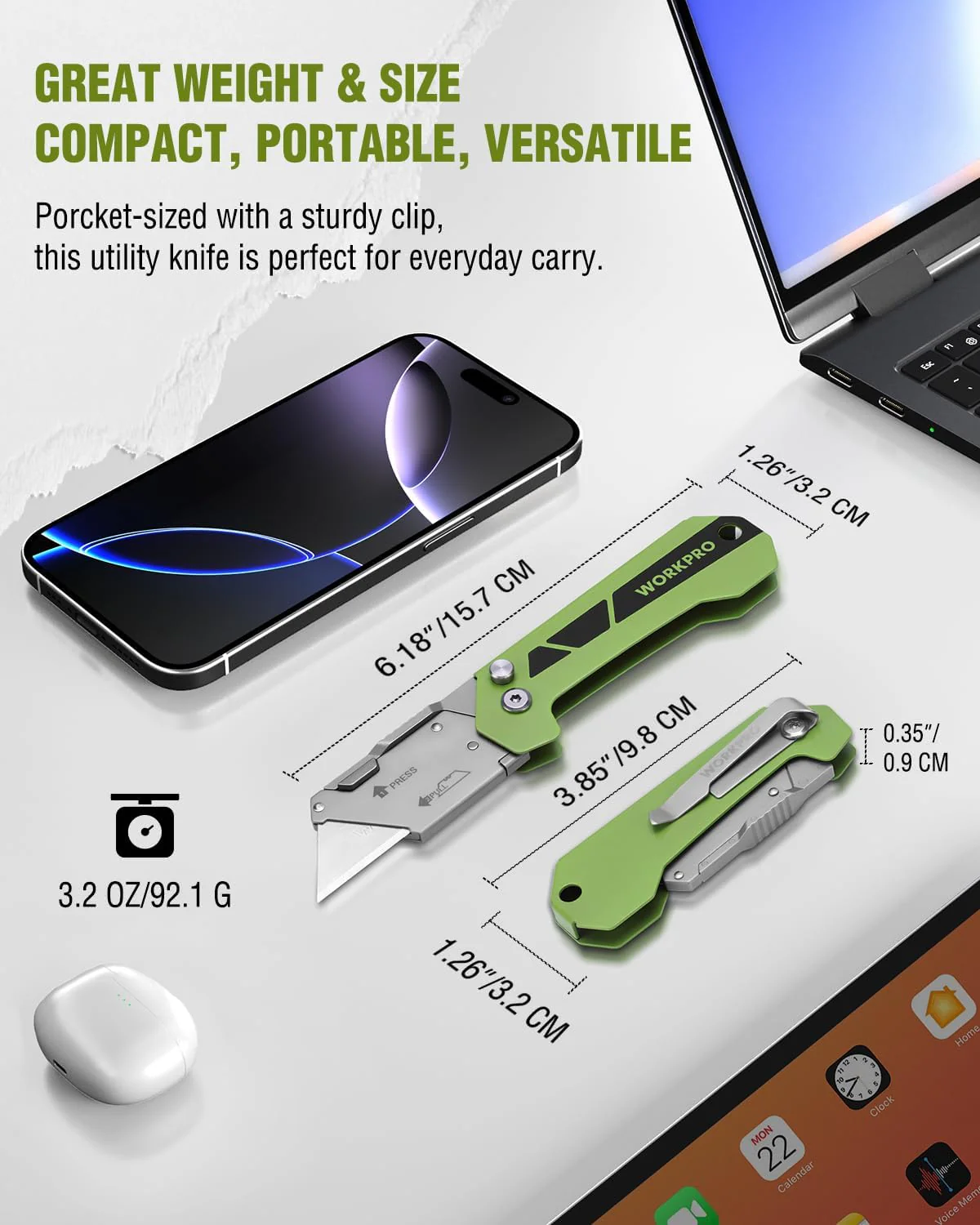 WORKPRO Box Cutter, Utility Knife Quick Change Blade Razor Knife, Folding Pocket Knife with Belt Clip and Axis Lock, 10 Extra Blades Included, Green - Image 2