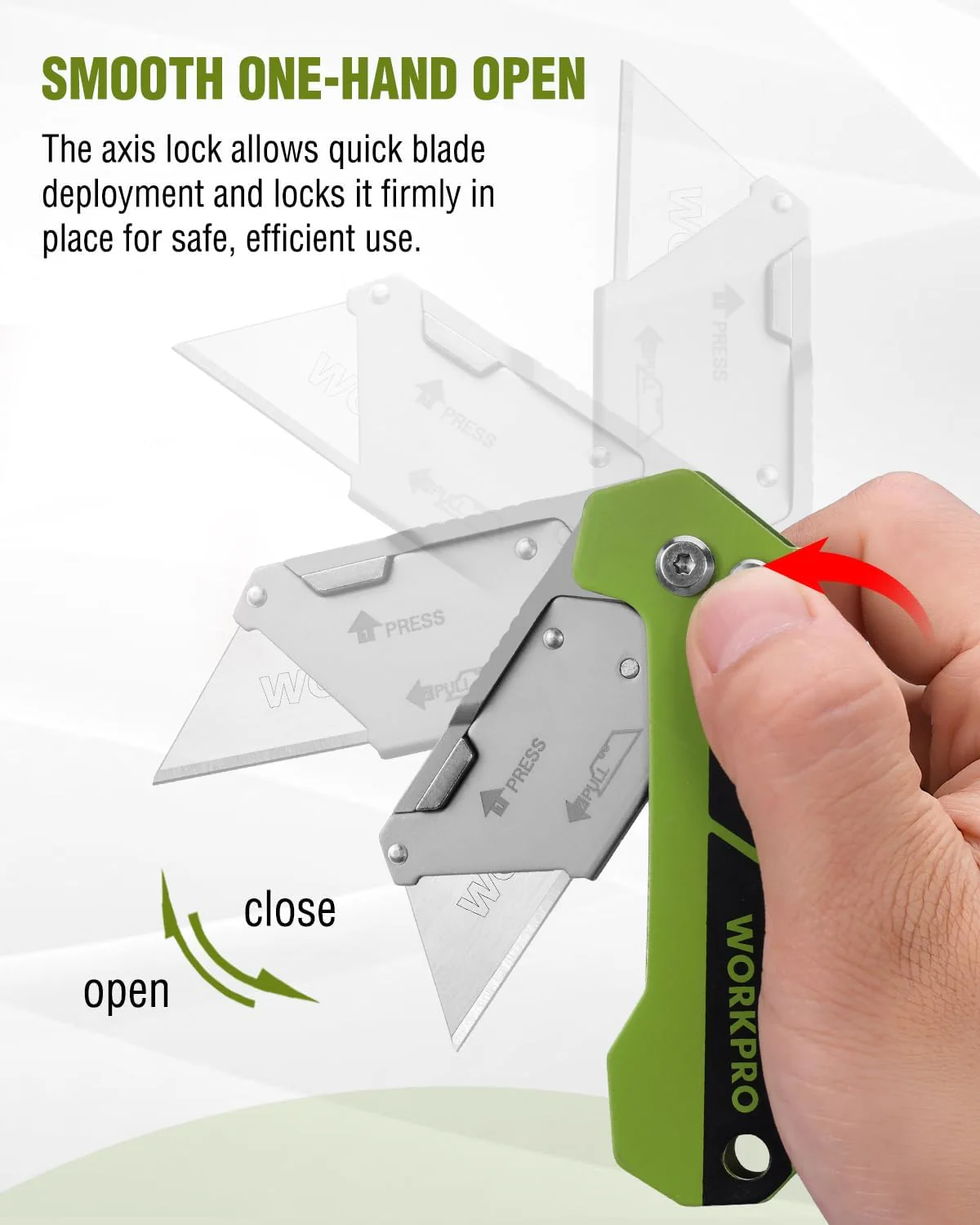 WORKPRO Box Cutter, Utility Knife Quick Change Blade Razor Knife, Folding Pocket Knife with Belt Clip and Axis Lock, 10 Extra Blades Included, Green - Image 5