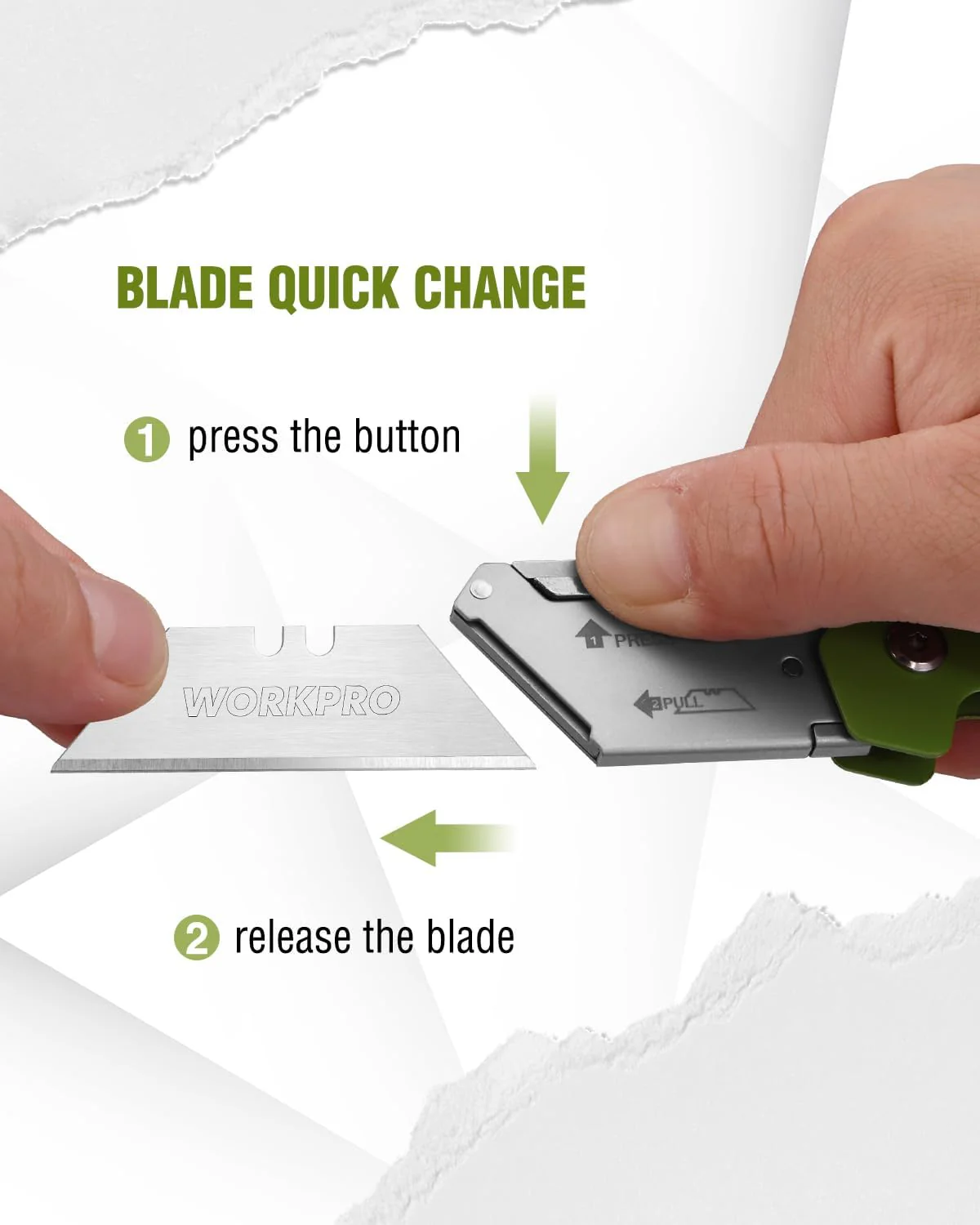 WORKPRO Box Cutter, Utility Knife Quick Change Blade Razor Knife, Folding Pocket Knife with Belt Clip and Axis Lock, 10 Extra Blades Included, Green - Image 6