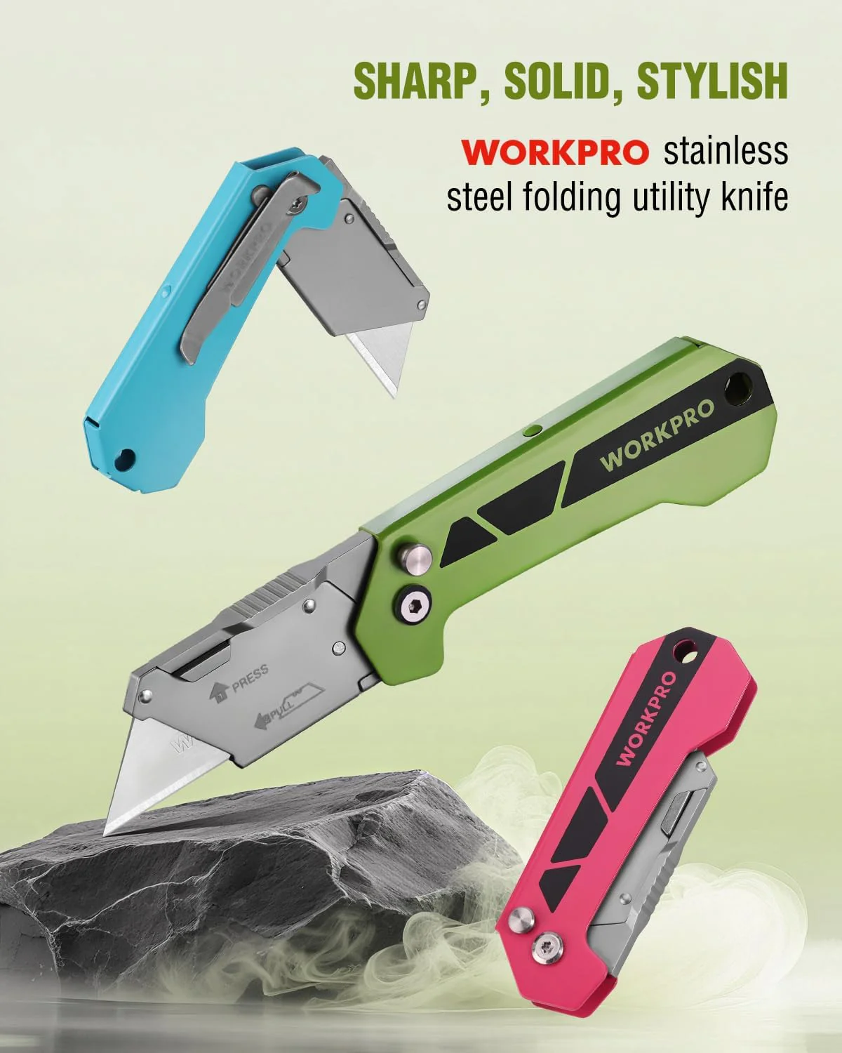 WORKPRO Box Cutter, Utility Knife Quick Change Blade Razor Knife, Folding Pocket Knife with Belt Clip and Axis Lock, 10 Extra Blades Included, Green - Image 7